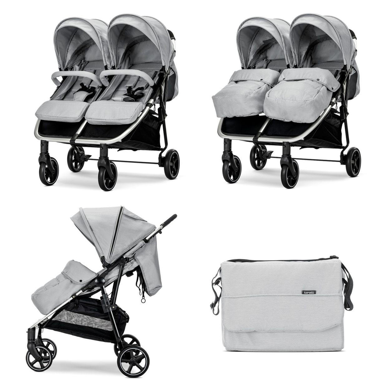 GESCHWISTERKINDERWAGEN DUO grau hellgrau klappbar verstellbar Fußabdeckung Wickeltasche - Silberfarben, Metall (76/88/105cm) - Lorelli