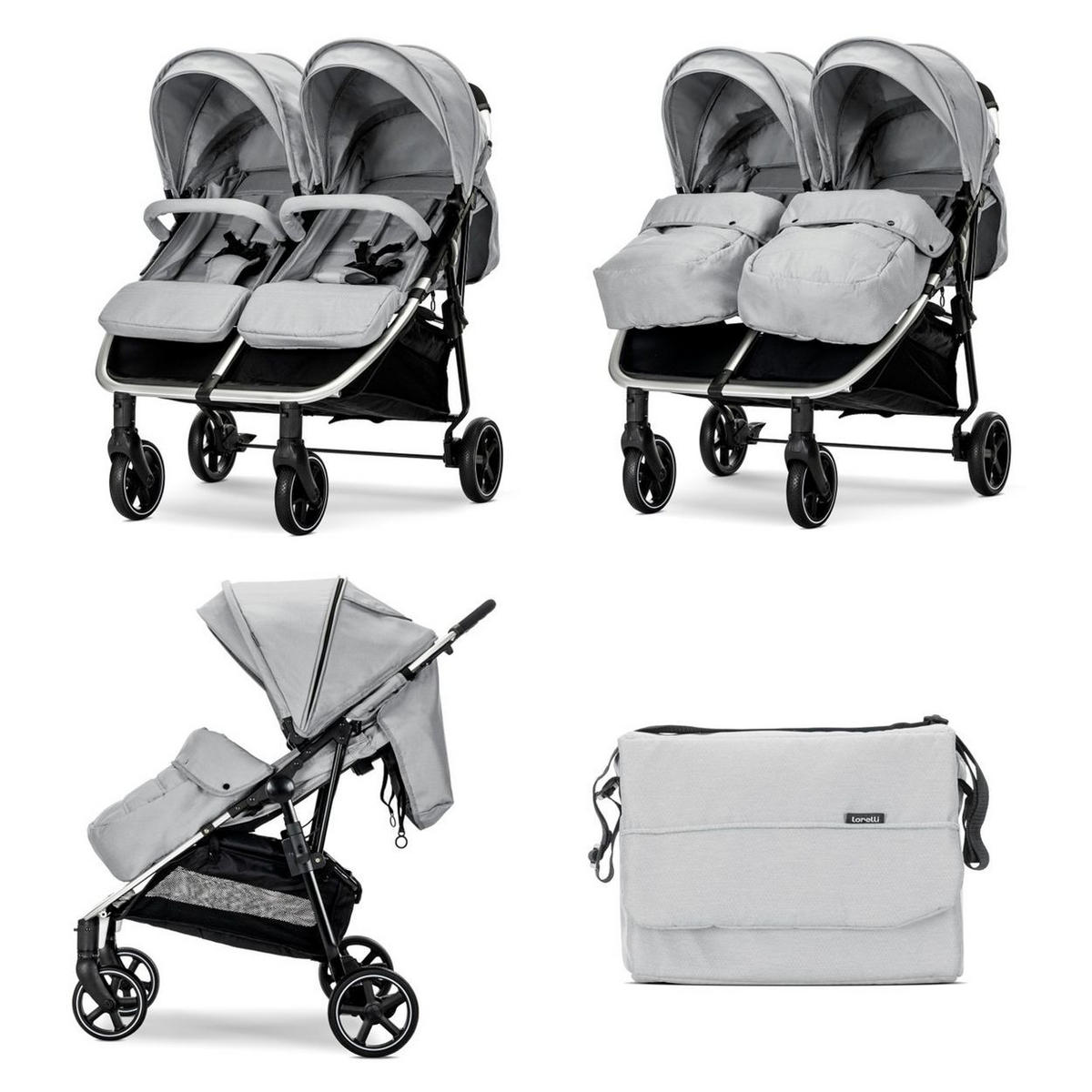 GESCHWISTERKINDERWAGEN DUO grau hellgrau klappbar verstellbar Fußabdeckung Wickeltasche - Silberfarben, Metall (76/88/105cm) - Lorelli