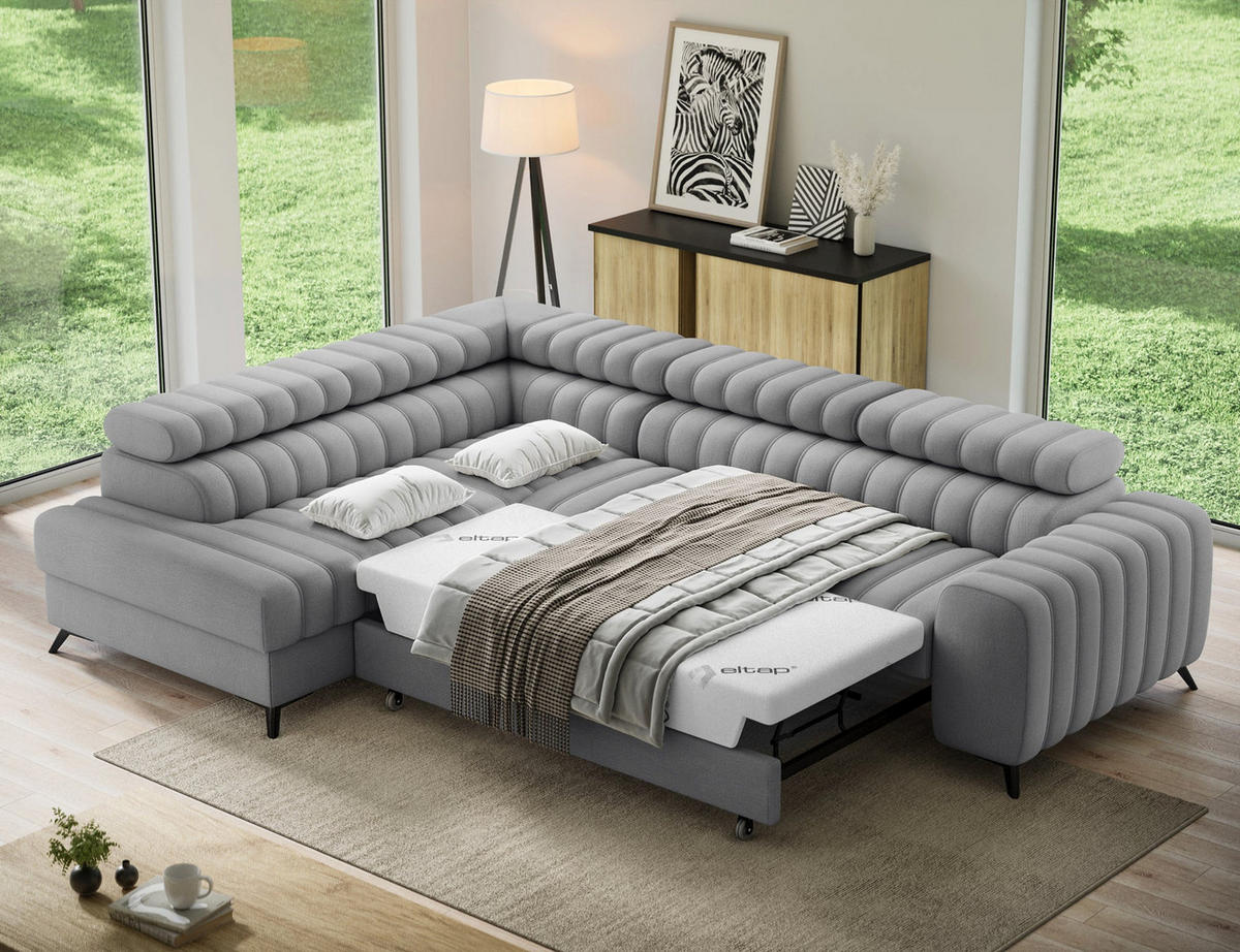 KANEDO Ecksofa mit Schlaffunktion und Bettkasten – Modernes Designsofa, verstellbare Kopfstützen, Metallfüße - Grau, Kunststoff (269/86cm) - Wohnideebilder