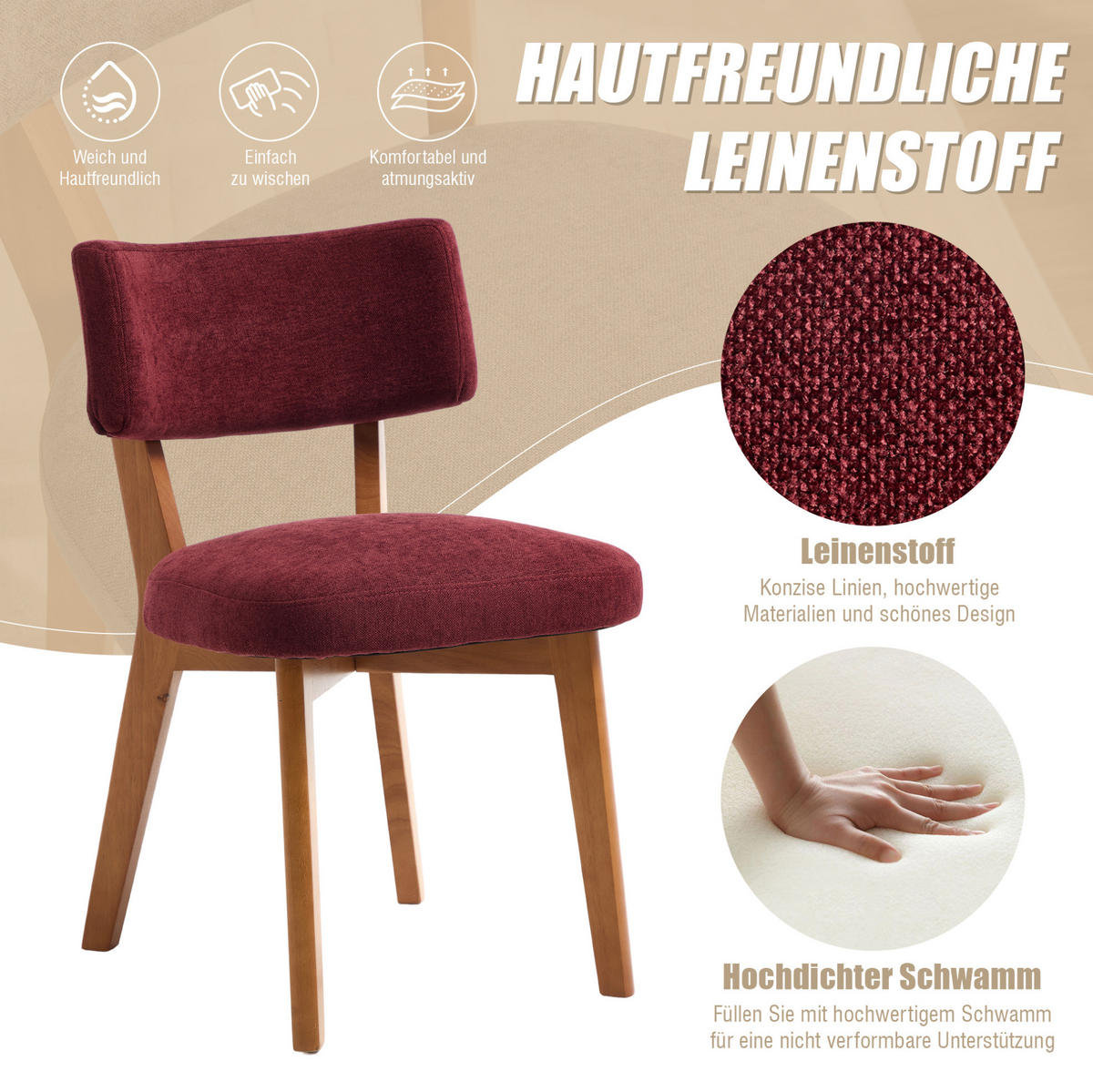 VIERFUSSSTUHL 54,5/47/77 cm weinrot aus Holz mit Stoffpolsterung - Weinrot, Holz (47/77/54.5cm) - OKWISH