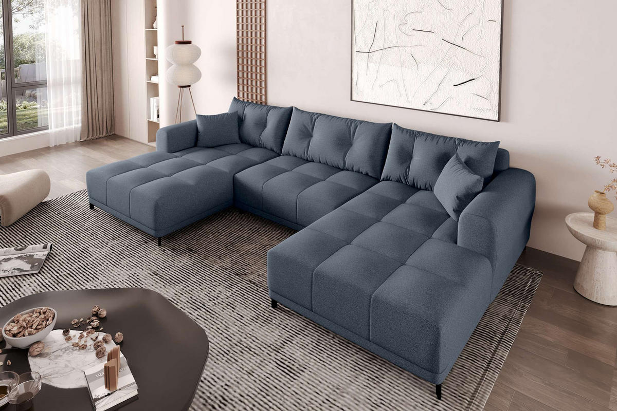 WOHNLANDSCHAFT Strukturstoff Dunkelblau inkl. Schlaffunktion - Schwarz/Dunkelblau, Textil/Metall (348/94/181cm) - 99rooms