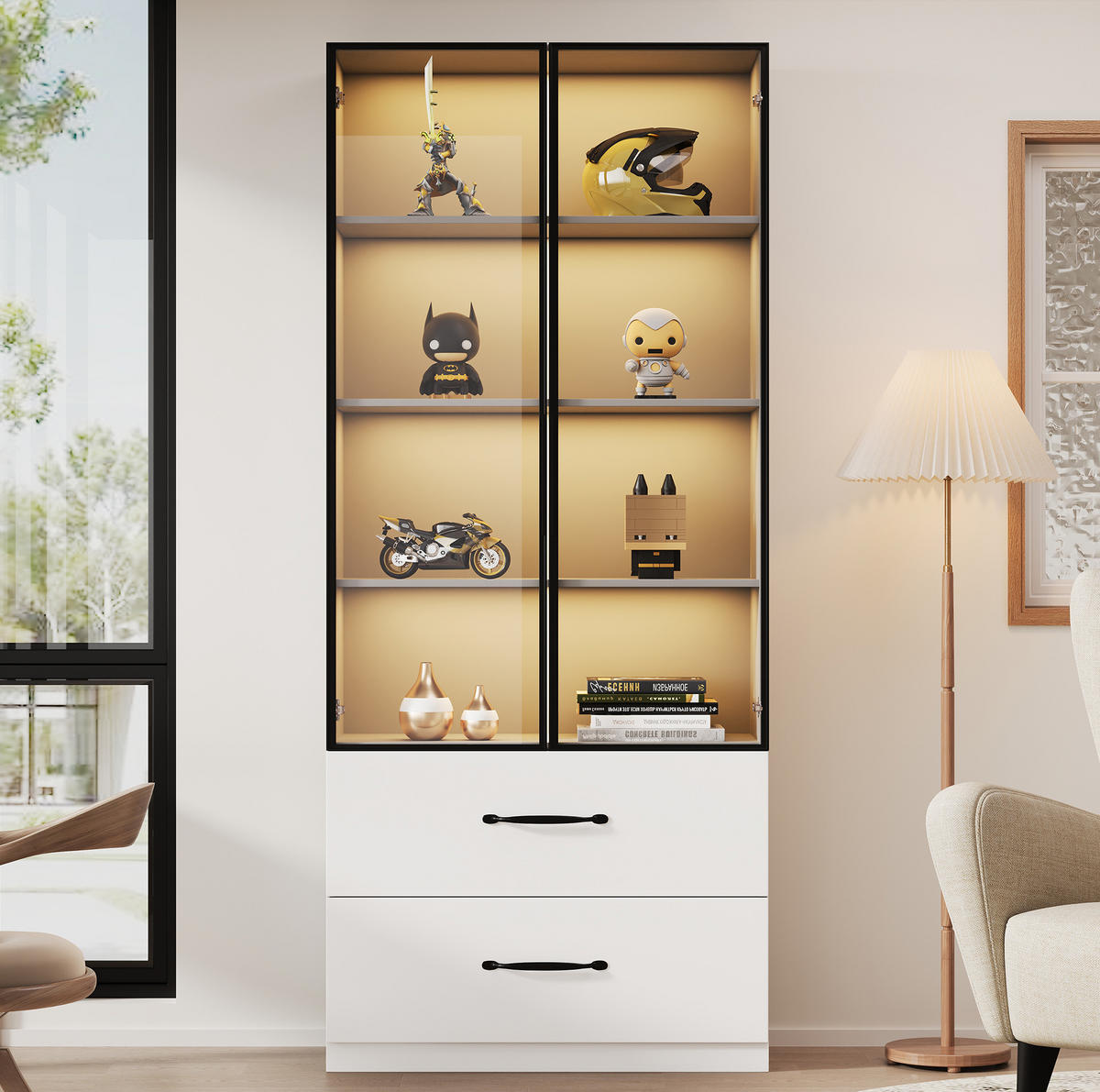 VITRINE aus Spanplatte 60x40x160cm in Weiß mit LED & Schubladen - Weiß, Holzwerkstoff (60/160/40cm) - Modfu