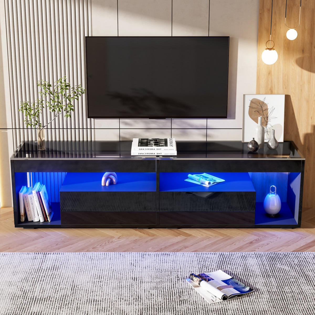 TV-SCHRANK Hochglanz LED-Beleuchtung 2 Schubladen Schwarz bis 70 Zoll - Schwarz, Holz (48.9/15.24/104.14cm) - FLIEKS