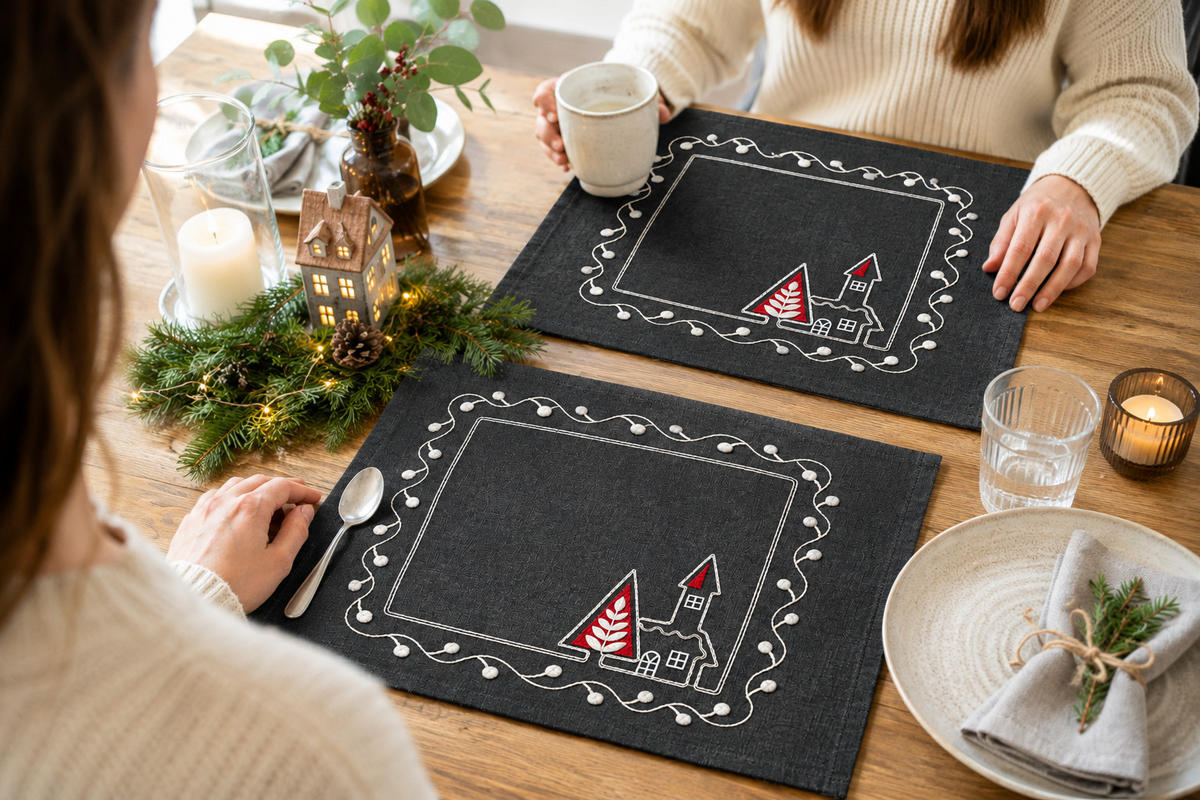 PLATZSET Weihnachten Kirche 35/35 cm Leinenoptik - Rot/Grau, Textil (35/35cm) - TiborTex