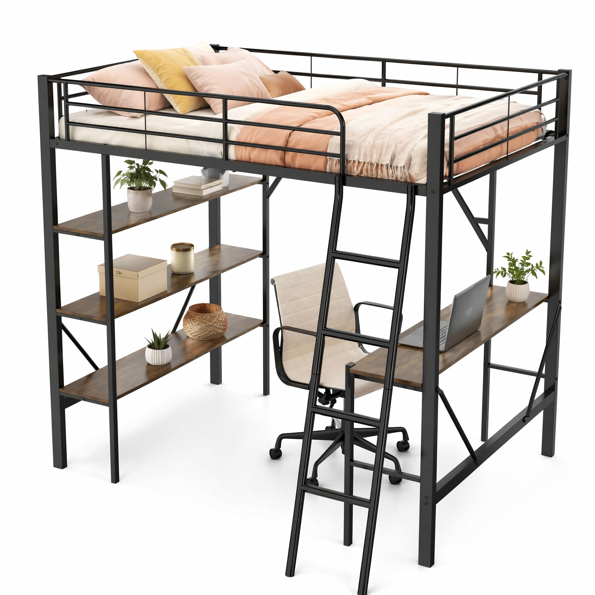 HOCHBETT 90/200 cm in Schwarz mit Schreibtisch und 3 Ablagen - Schwarz, Holz/Metall (90/200cm) - STILVORA