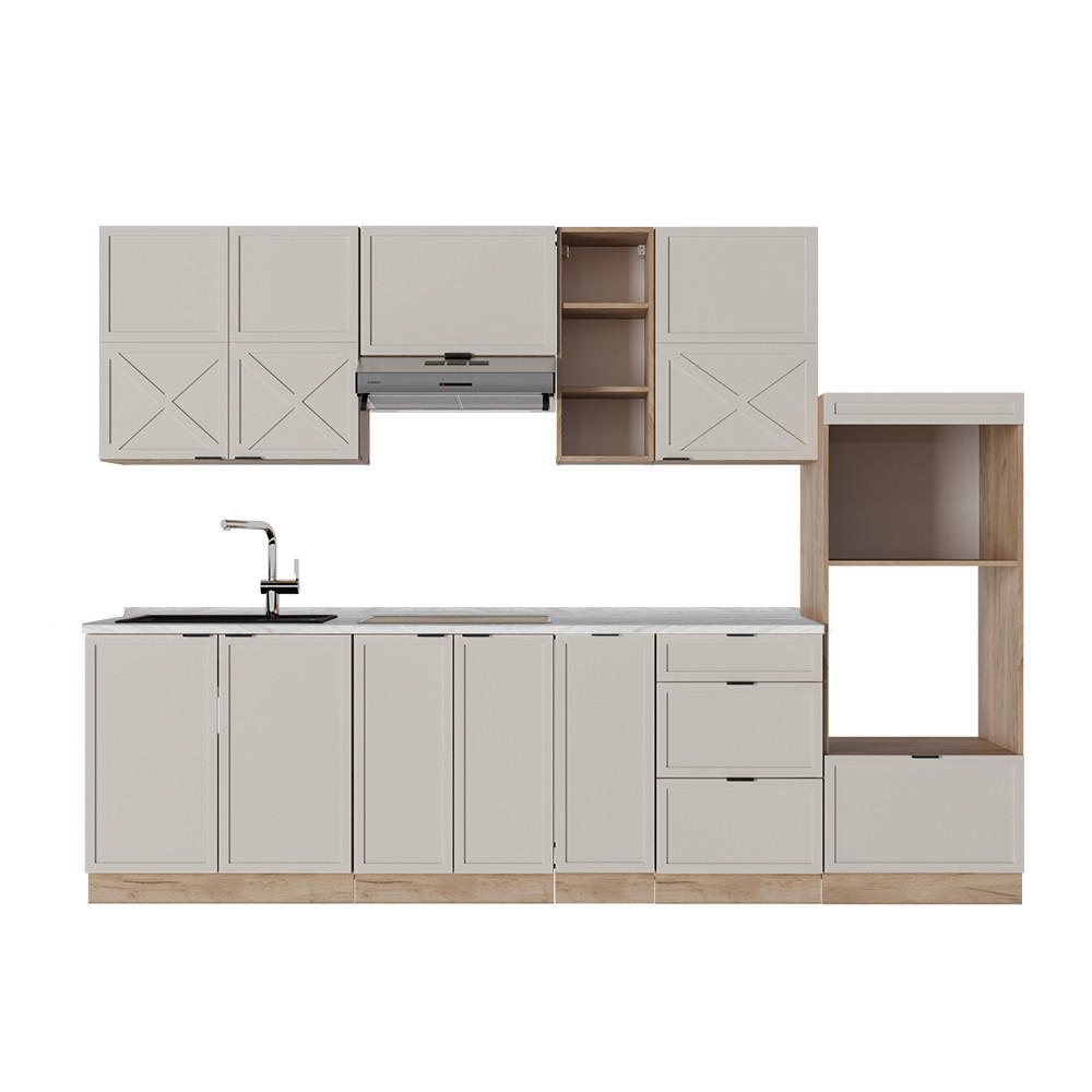 KÜCHENZEILE Fame-Line GrauBeige/Goldkraft Eiche 280 cm ohne AP - Honigeiche/Grau, Holzwerkstoff (280/81.6/46cm) - Vicco