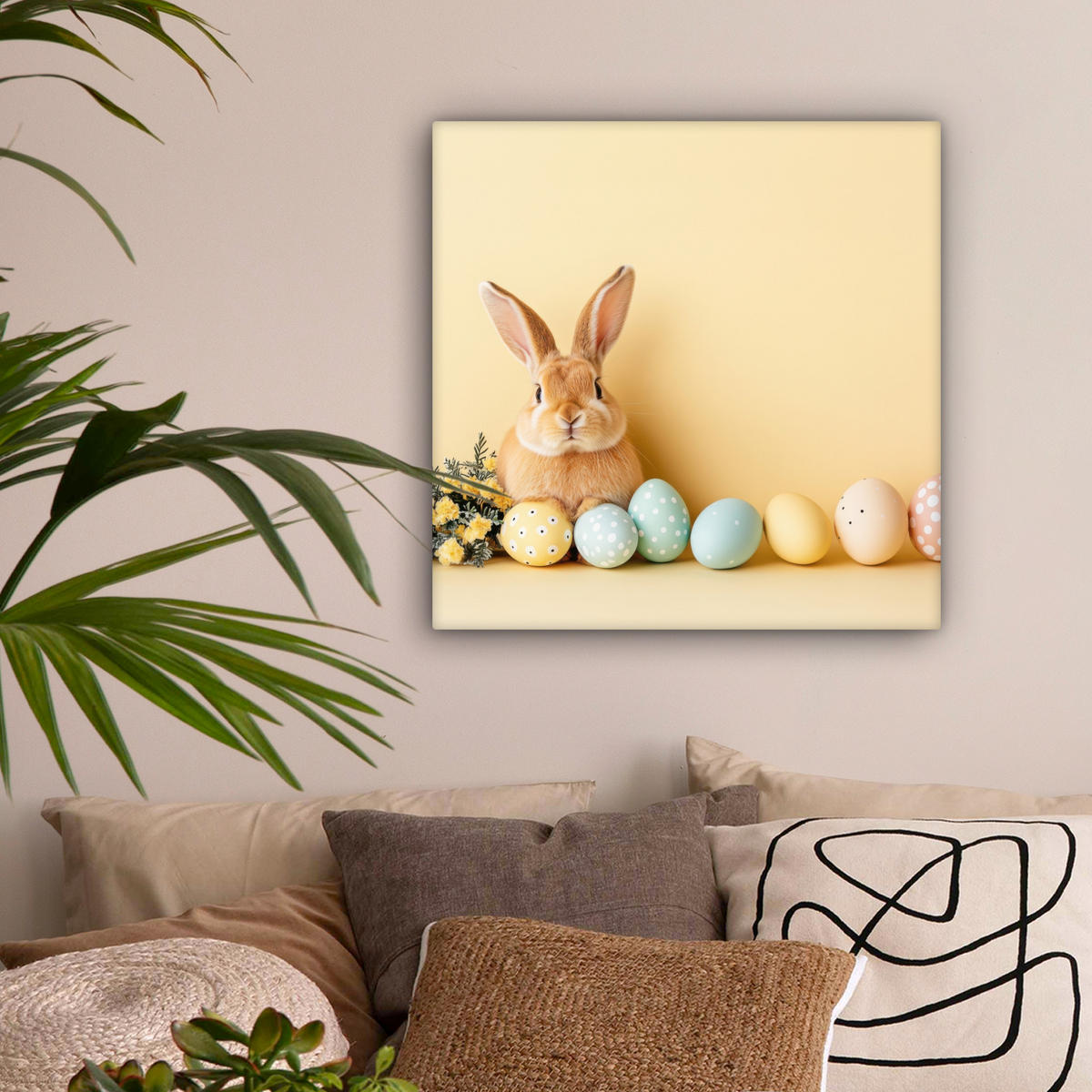 LEINWANDBILD Eier - Kaninchen - Pastellfarbtöne Wandbild Wohnzimmer 50x50 cm - Hellgelb, Textil (50/50cm) - MuchoWow