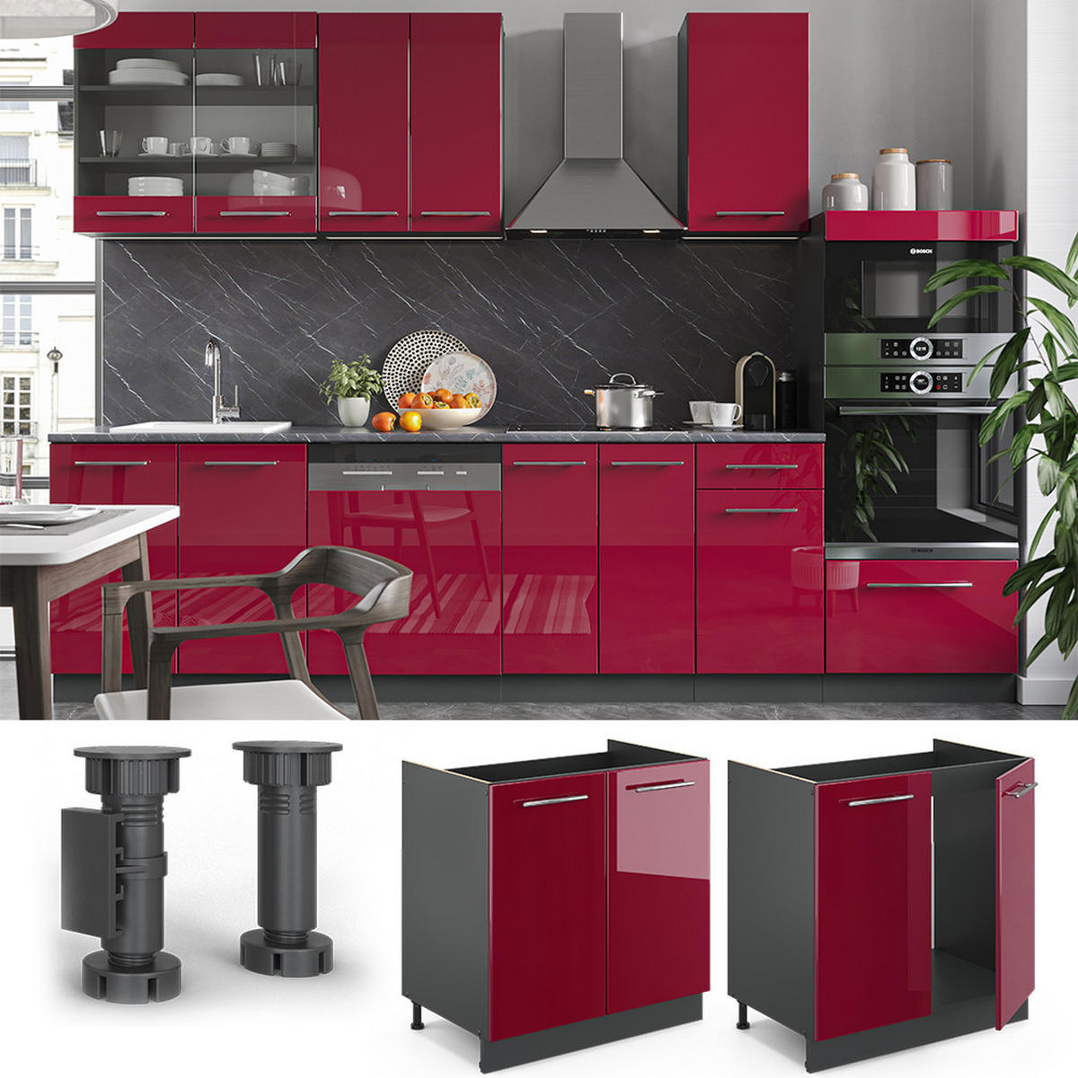 SPÜLENUNTERSCHRANK Fame-Line Bordeaux Hochglanz 80 cm ohne AP - Bordeaux/Anthrazit, Holzwerkstoff (80/82/51.6cm) - Vicco