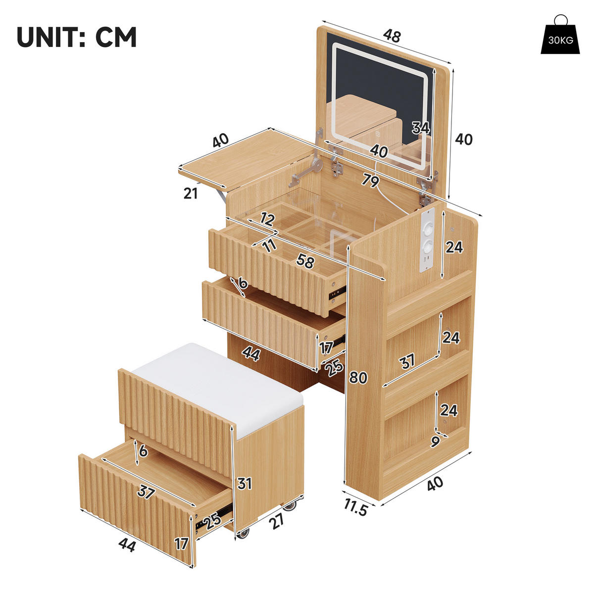 SCHMINKTISCH LED Spiegel USB Hocker 3 Schubladen Modern - Naturfarben, Holzwerkstoff (79/120/40cm) - FLIEKS