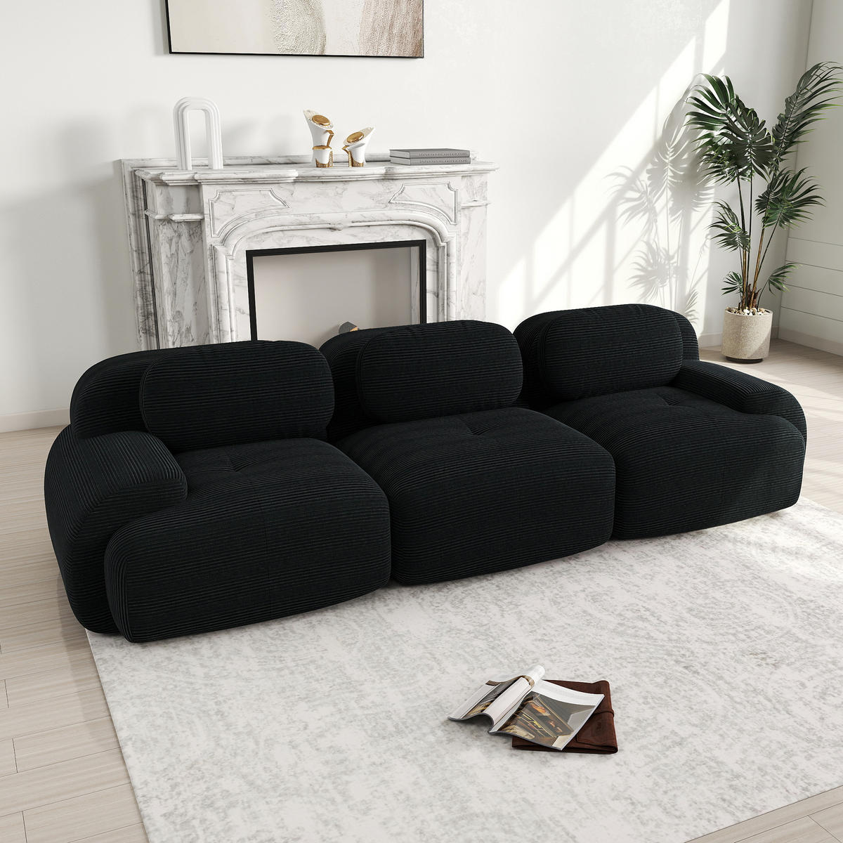 3-SITZER Sofa 298×103×75 cm Cordstoff rahmenlos modular, schwarz - Schwarz, Textil (103/75/298cm)
