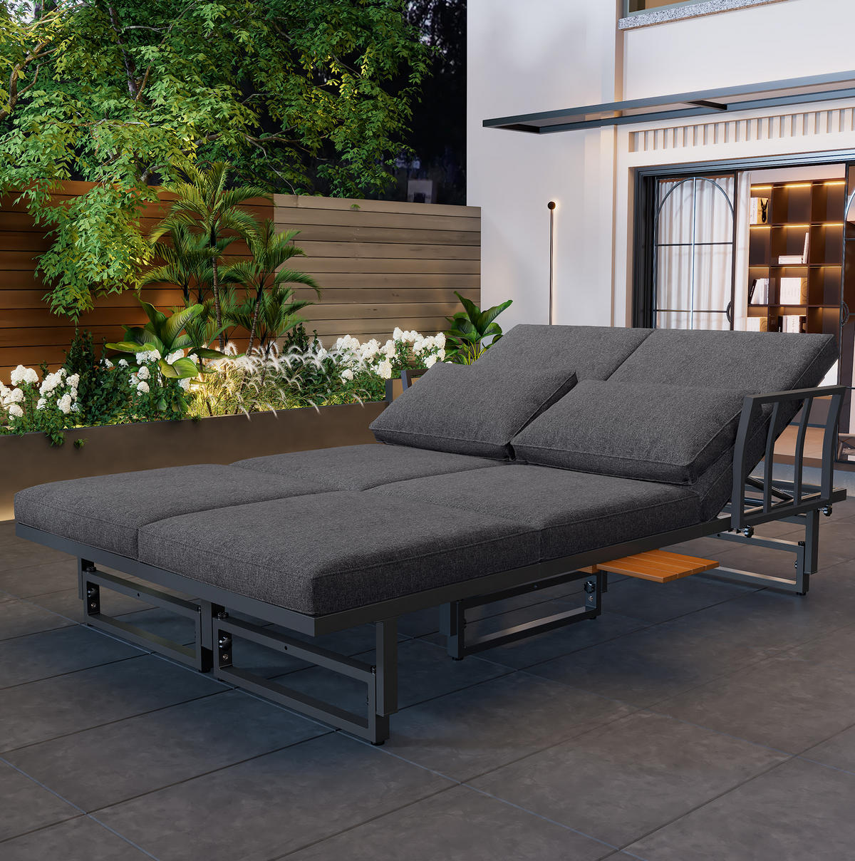 GARTENMÖBEL-SET 186/64/70-76 cm mit verstellbarer Sitz- und Tischhöhe, Akazienholz-Ablagen, Grau - Grau, Metall - Redom