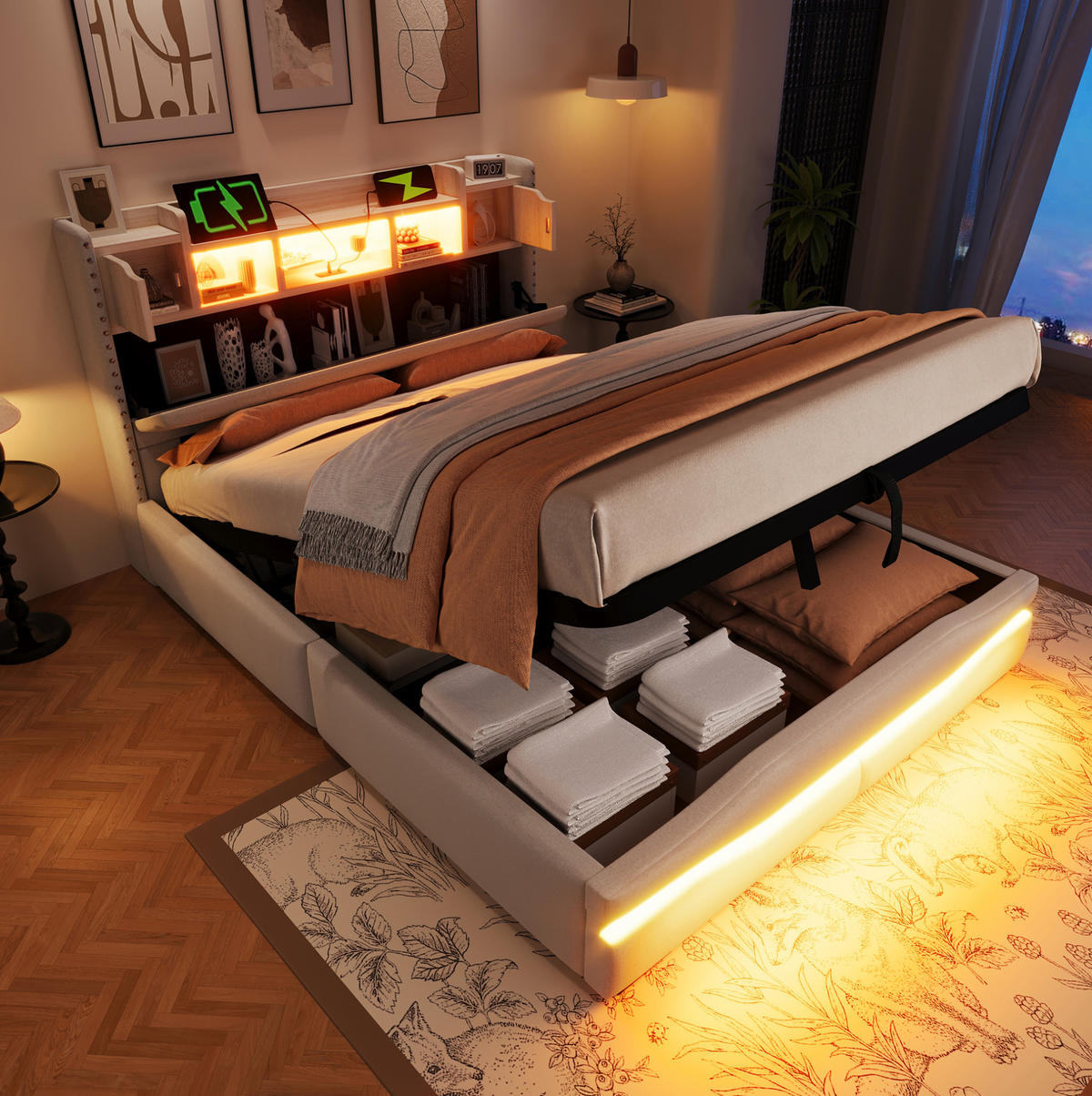 POLSTERBETT mit Stauraum und LED 140x200 cm Leinen Beige - Beige, Metall (140/200cm) - Meubliv