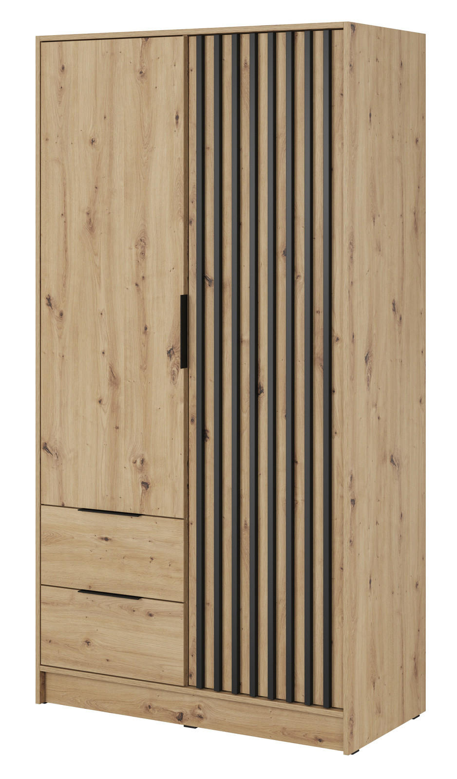 KLEIDERSCHRANK Stilo in Eiche Artisan, zweitürig, mit Schubladen und Lamellen an der Vorderseite - Schwarz/Eiche Artisan, Holzwerkstoff/Kunststoff (105/200/51cm) - Ravio