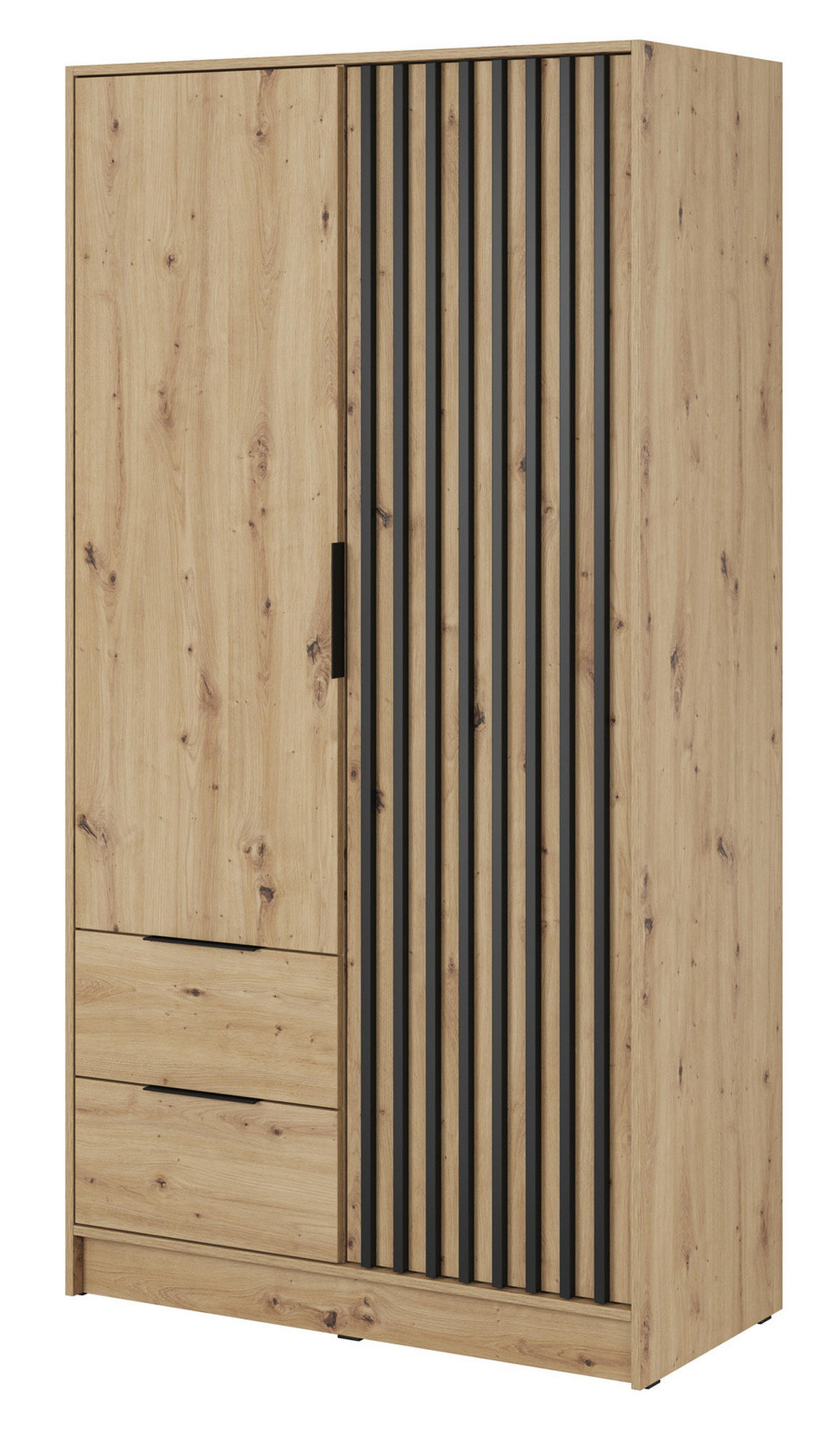 KLEIDERSCHRANK Stilo in Eiche Artisan, zweitürig, mit Schubladen und Lamellen an der Vorderseite - Schwarz/Eiche Artisan, Holzwerkstoff/Kunststoff (105/200/51cm) - Ravio