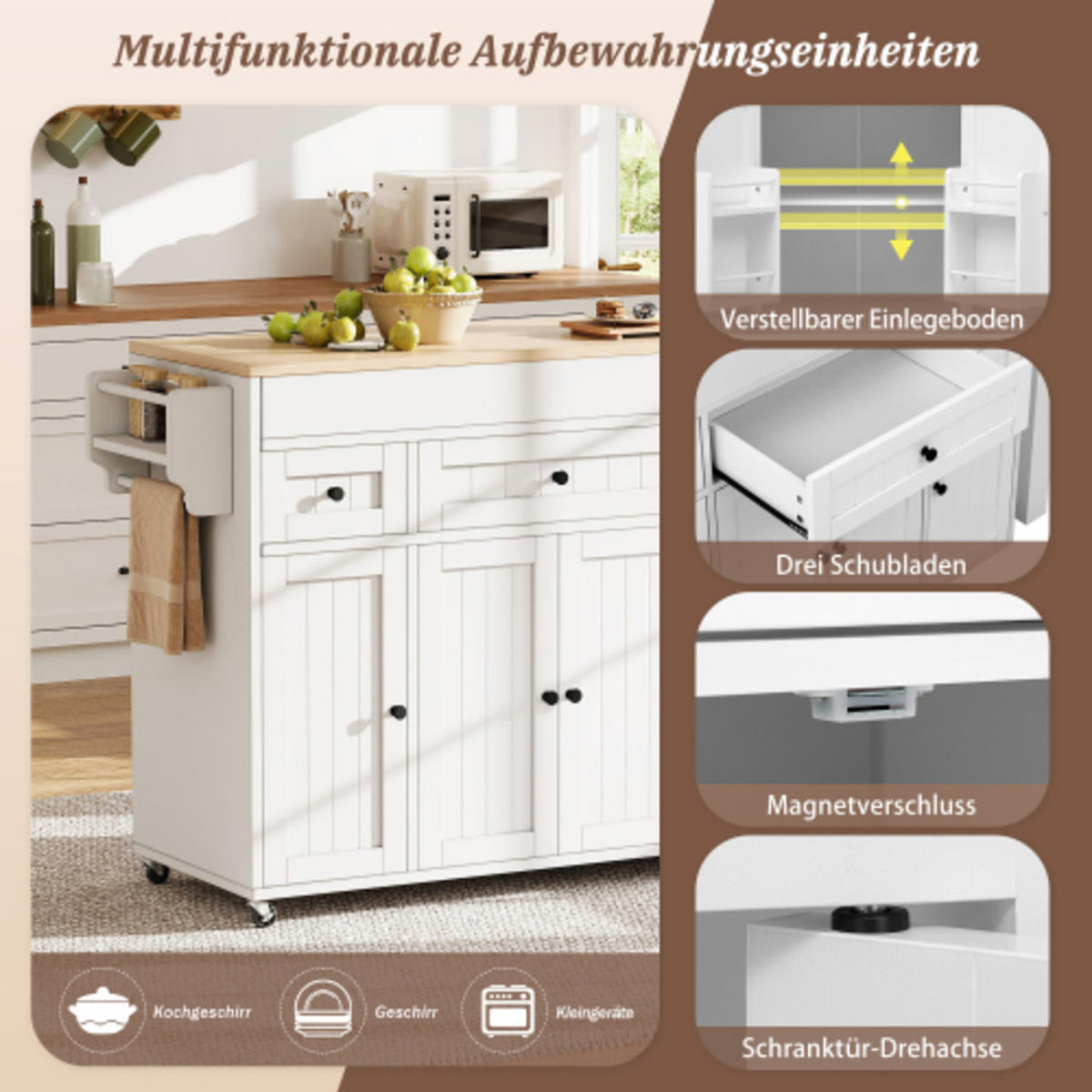 KÜCHENINSEL mit seitlich ausziehbarer Arbeitsplatte weiß-natur 137-190,6×45,2×92 cm aus MDF - Weiß, Holzwerkstoff (190.6/92/45.2cm) - Luhomfu