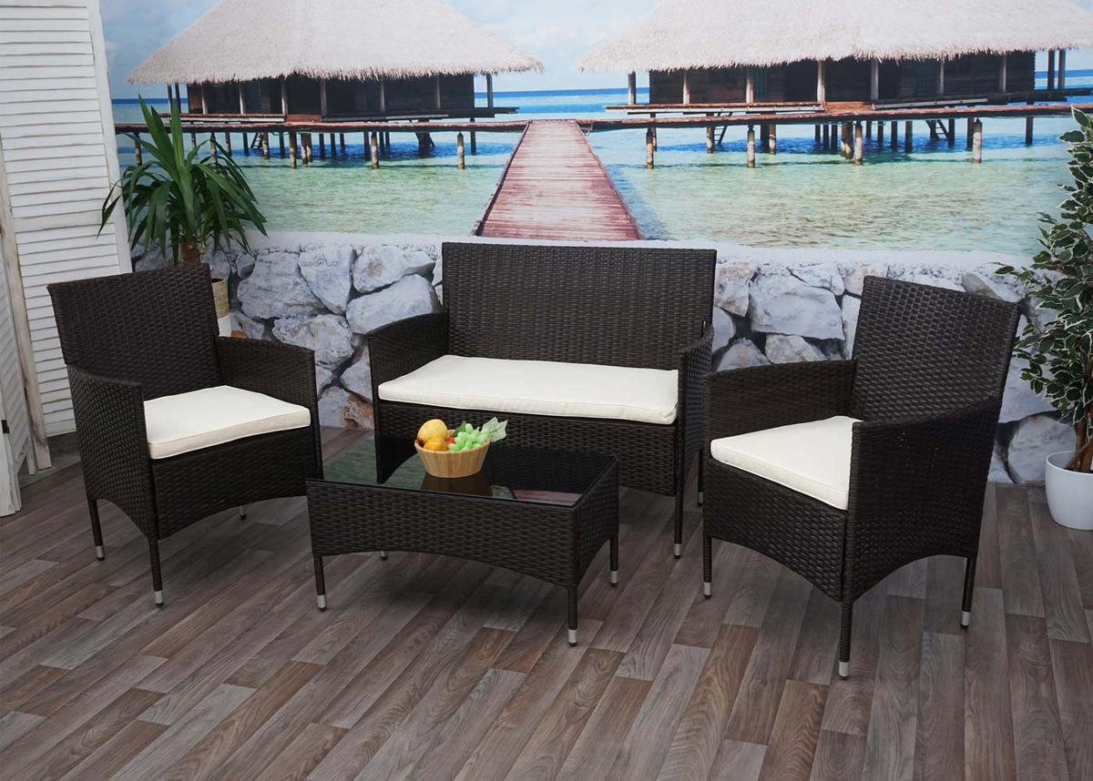 POLY-RATTAN GARNITUR Braun, Cremeweiß - Braun/Weiß, Kunststoff - MCW