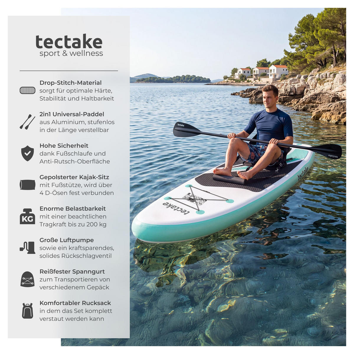 STAND UP PADDLE BOARD Zenon, Belastbarkeit 200 kg, inklusive Kajak-Sitz, weiß/türkis - Weiß, Kunststoff (320/84/0.4cm) - tectake