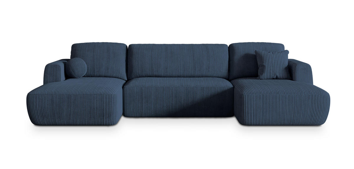 WOHNLANDSCHAFT SENTUM P Blau Kordstoff mit Schlaffunktion - Blau, Holz (330/90/148cm) - MASSENO