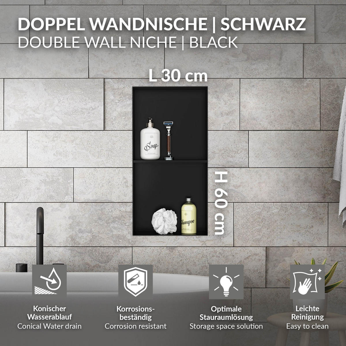 DUSCHNISCHE Doppel Schwarz 30/60 cm randlos - Schwarz, Metall (30/60/10cm) - LuxeBath