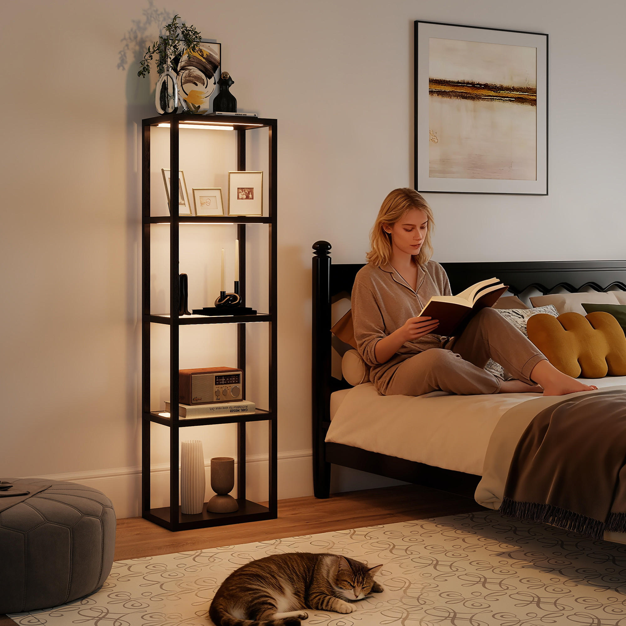 RGB Stehlampe mit Glasregalen, 4-Ebenen-LED-Stehleuchte mit Fernbedienung - Schwarz, Holzwerkstoff (45/29/157cm) - HOMCOM