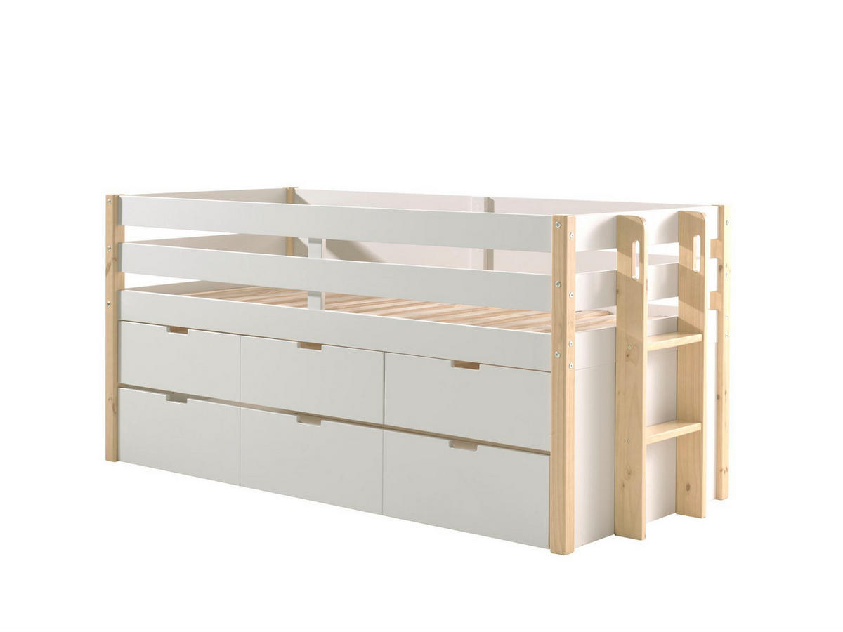 KOJENBETT mit Schubladen Karissa 219x100x98 Massivholz+MDF Weiß/natur - Weiß/Kieferfarben, Holz (90/200cm) - 58aufmkessel
