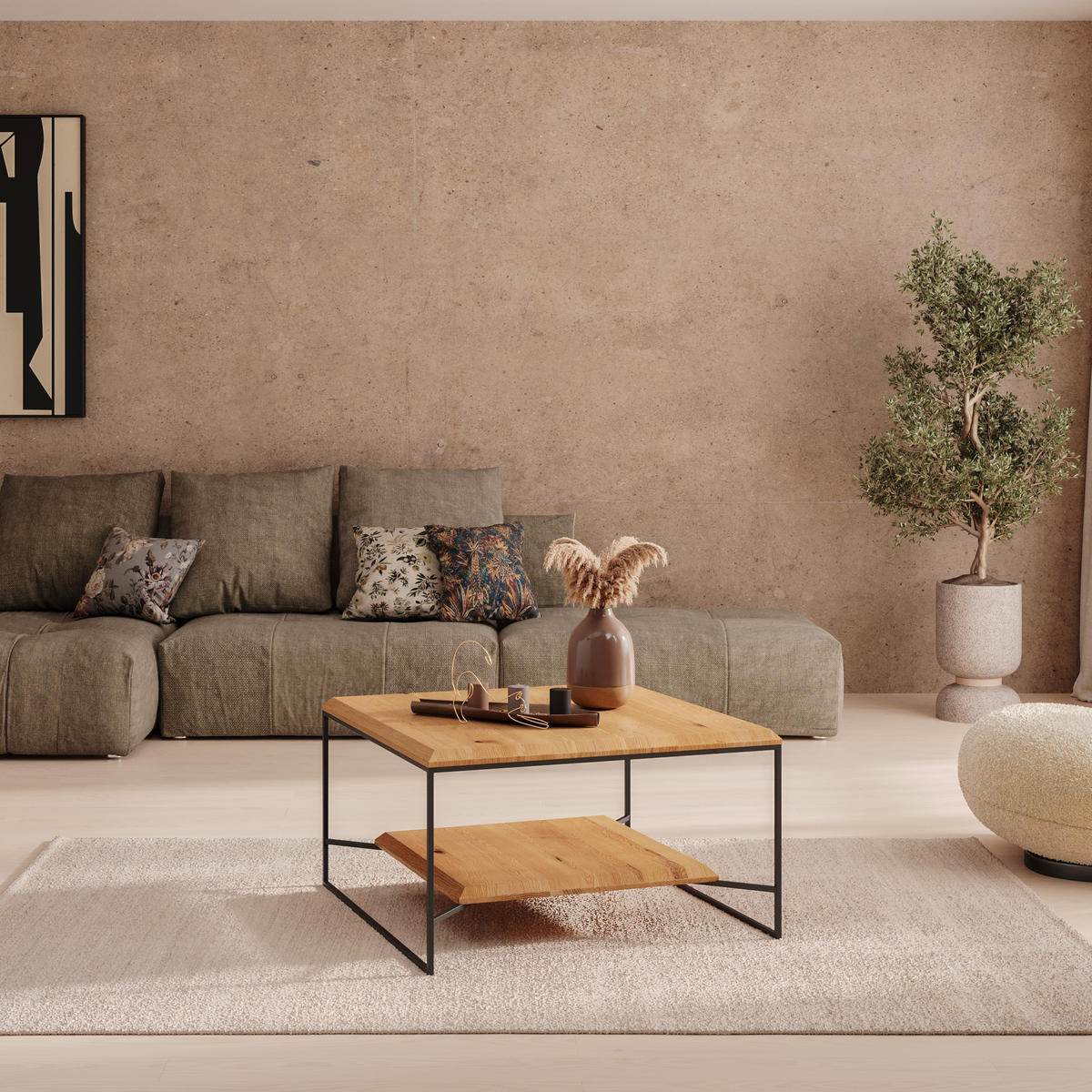 COUCHTISCH Mesa aus massivem Eichenholz 100x100 cm - Eichefarben/Schwarz, Holz/Metall (100/100/45cm) - Danzz