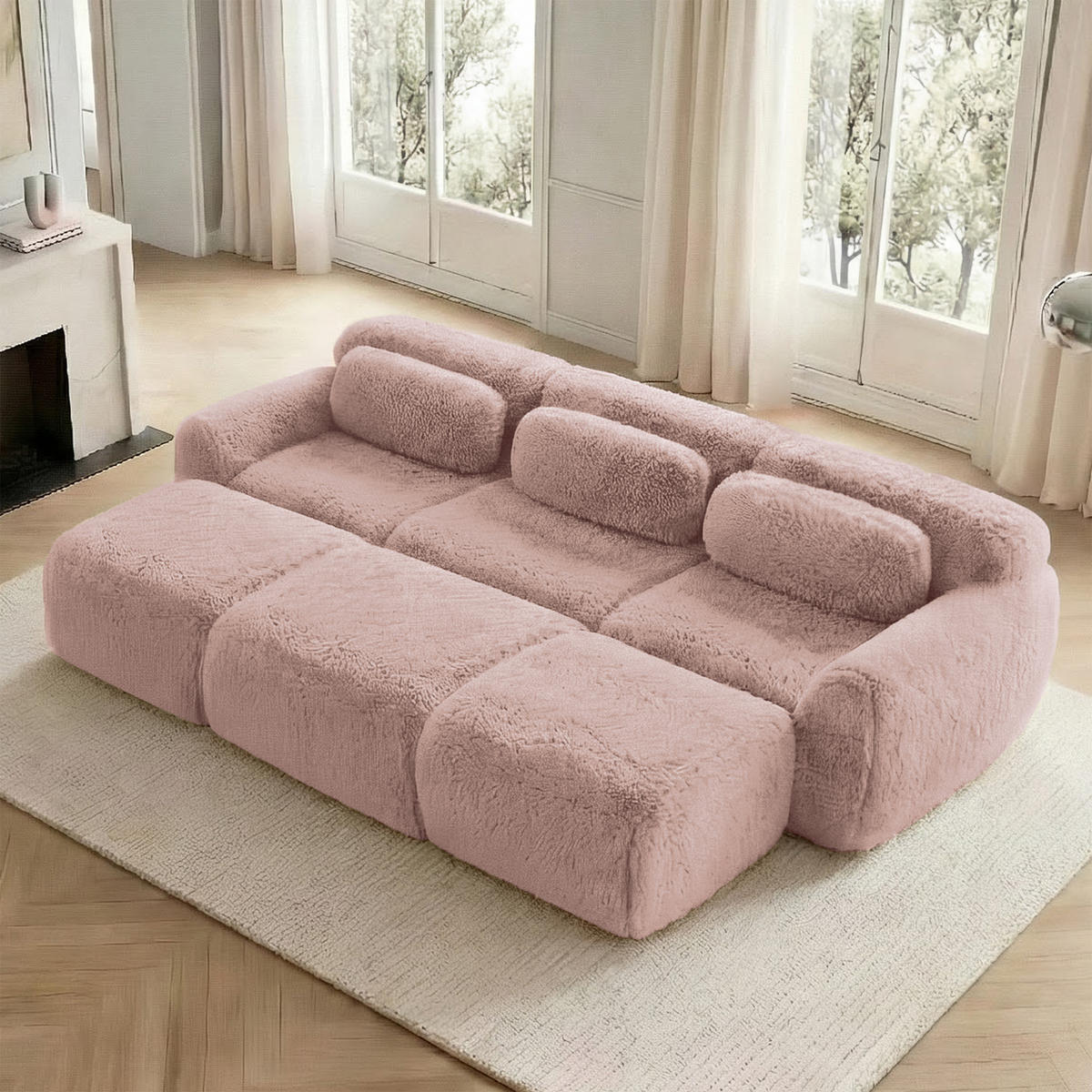 SCHLAFSOFA 3-Sitzer aus Plüschstoff mit 3 Hockern, Rosa - Rosa, Textil (291/73/179cm)