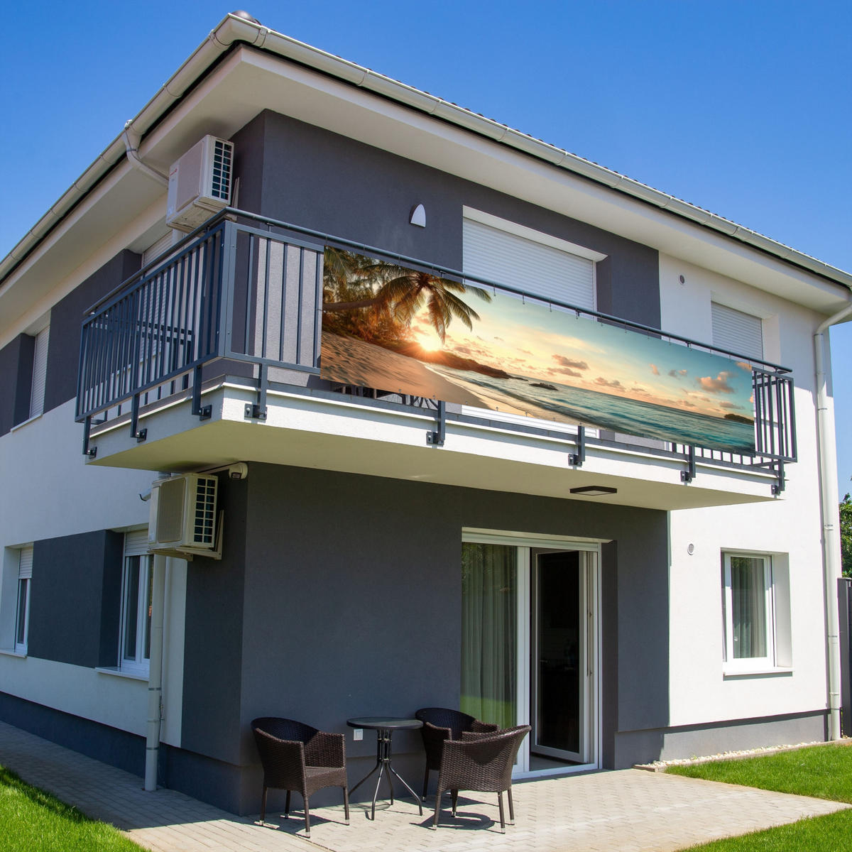 BALKON-SICHTSCHUTZ Strand - Palmen - Meer - Sonnenuntergang 500x130 cm - Samtahornfarben, Kunststoff (500/130cm) - MuchoWow