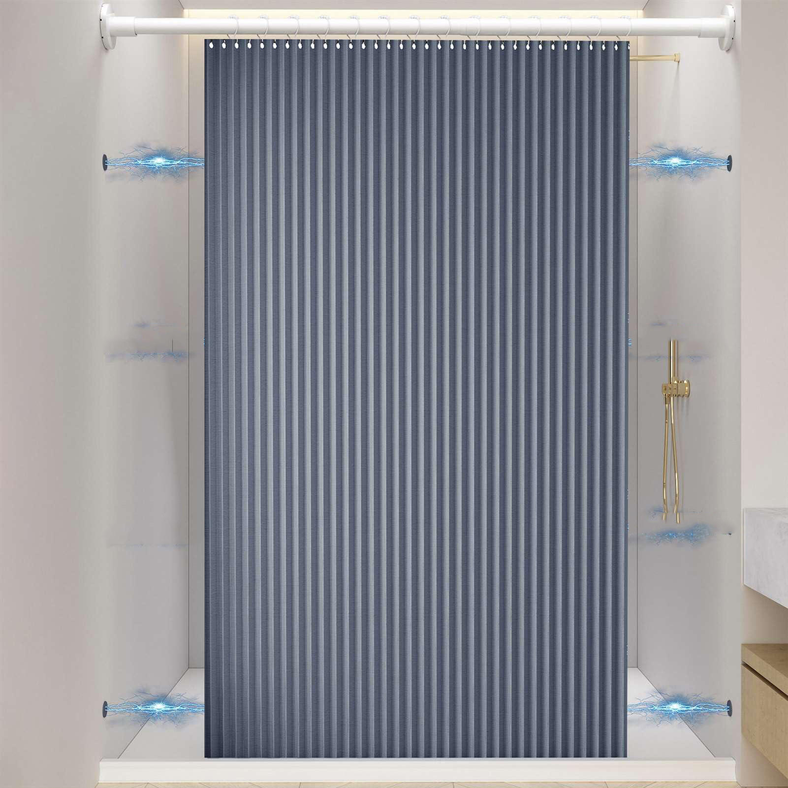 DUSCHVORHANG Blau magnetisch faltbar Leinen wasserdicht schimmelresistent ohne Bohren mit Haken - Blau, Textil (180/200cm) - MCBOSON