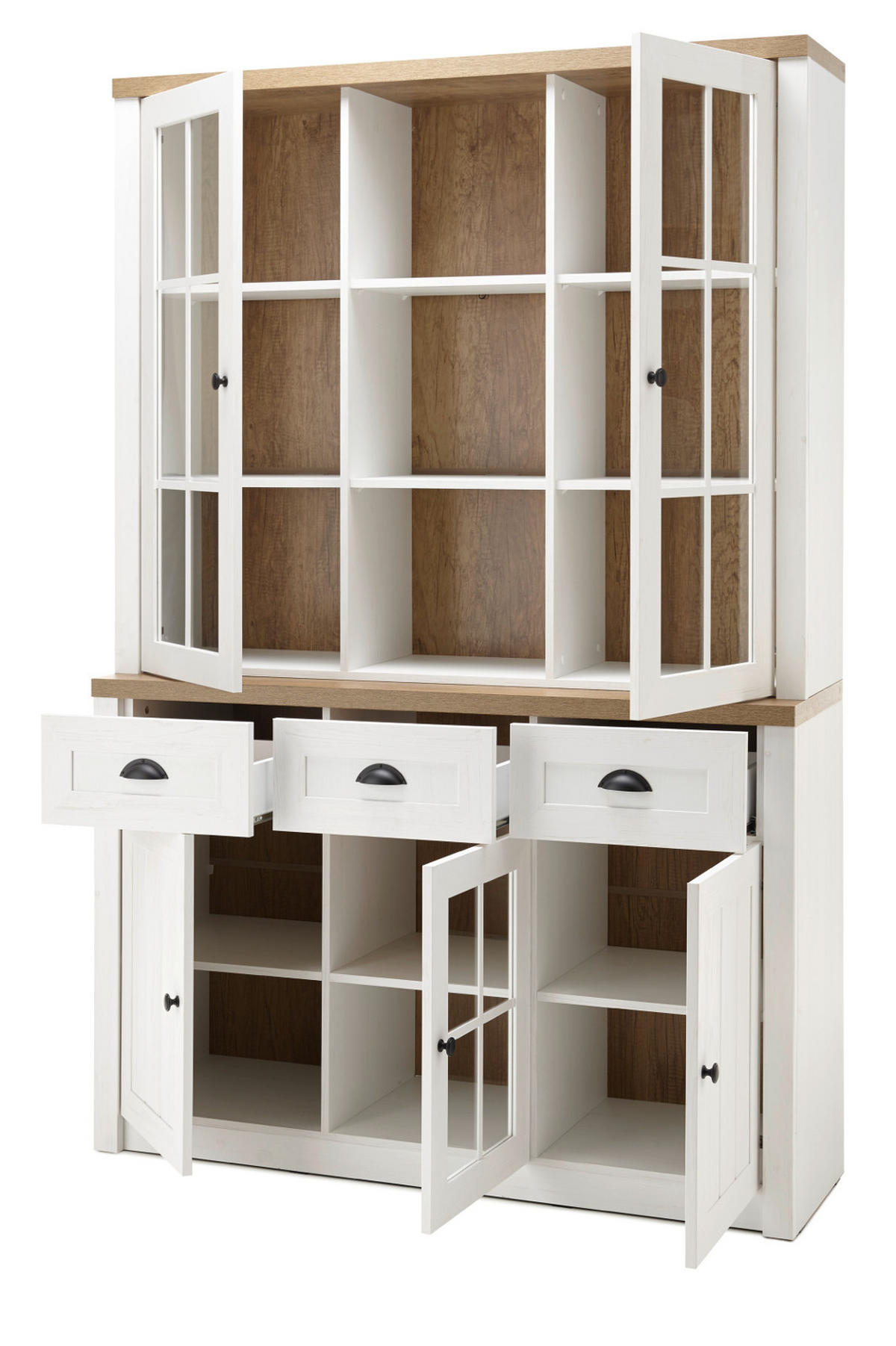 BUFFETSCHRANK weiß Pinie, Eiche hell Landhaus, Buffet 130 x 198 cm - Eichefarben/Schwarz, Holzwerkstoff/Metall (130/198/43cm) - Furn.Design