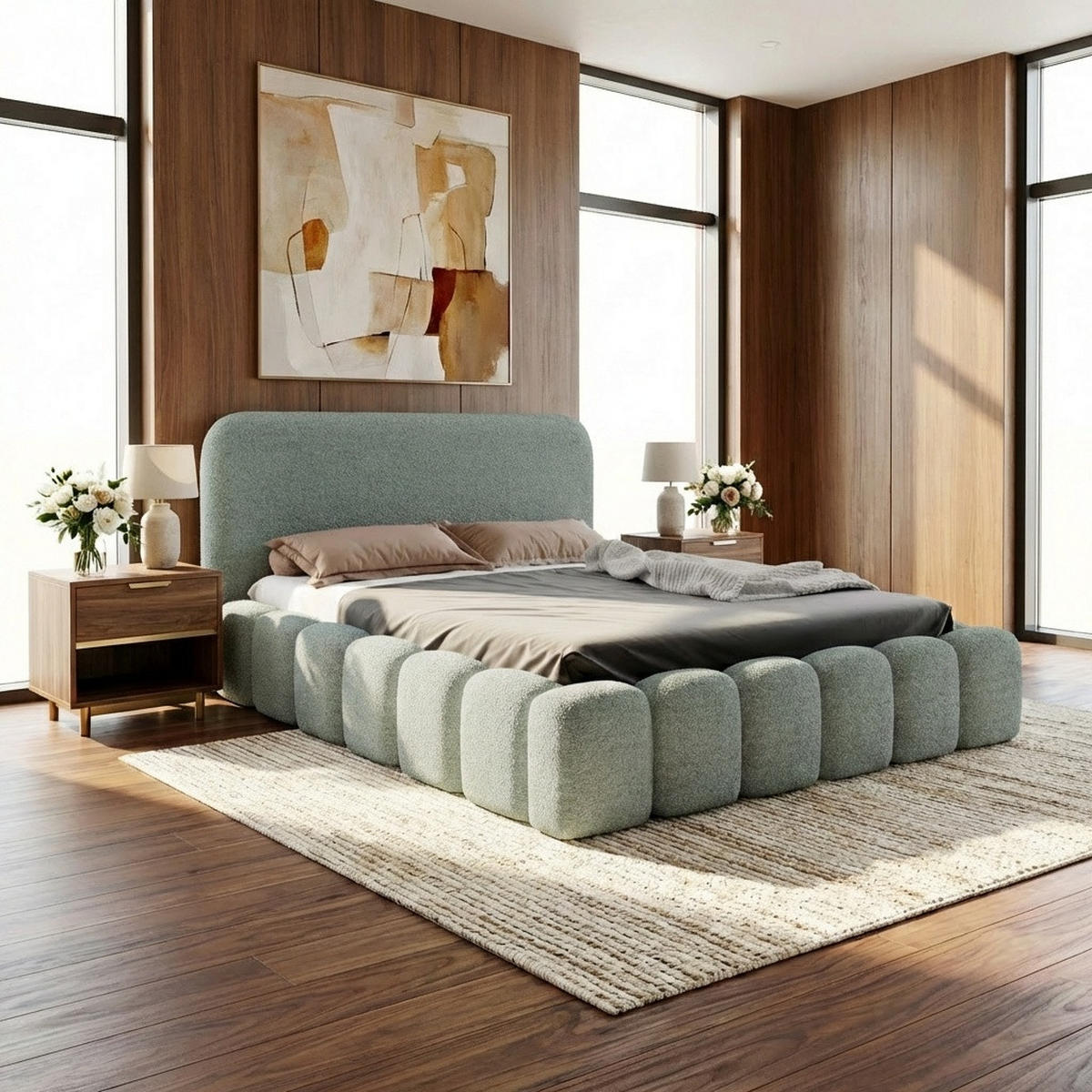 POLSTERBETT MONI 140x200 mit Bettkasten und Lattenrost – Bouclé Stoff MONTE Mintgrün - Weiß, Textil (140/200cm) - Luxkor24