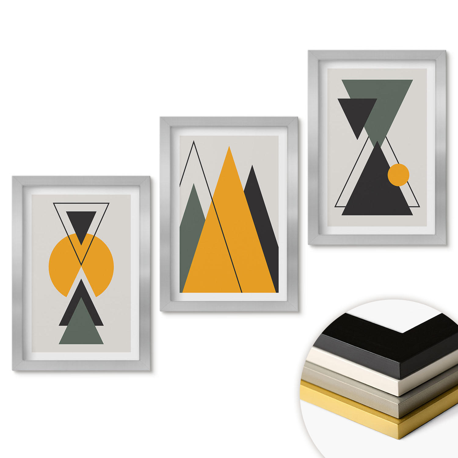 WANDBILDER 3er Set - 20x30 cm Silberner Rahmen - Abstrakte geometrische Formen - Silberfarben, Kunststoff (20/30cm) - ArtPrintCave