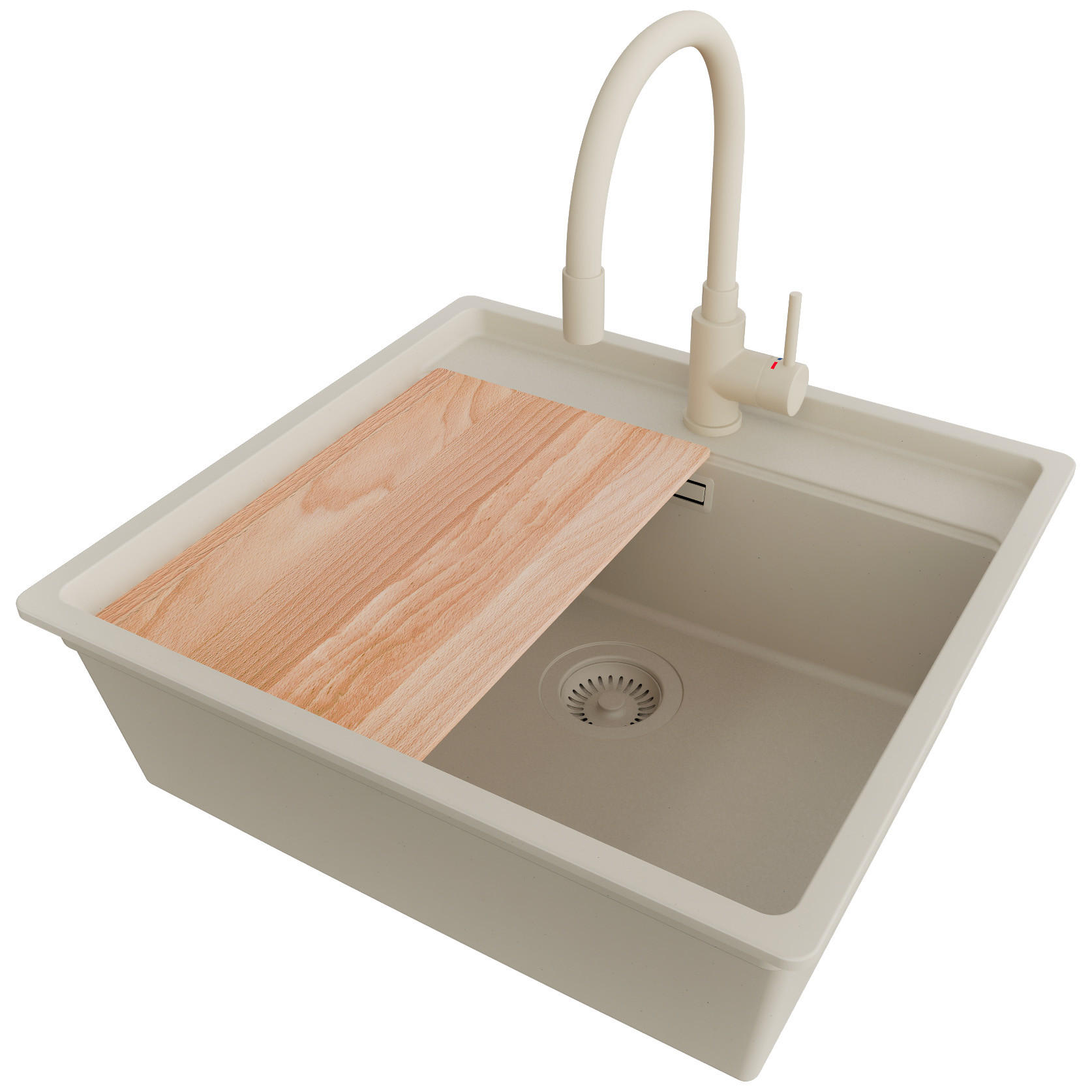 UNTERBAUSPÜLE GRANIT Bergen, 2-er set Beige 56/53 cm 1 Becken + Küchenarmatur 38/14 cm + Ablauf-Set + Schneidebrett ab 60er Unterschrank - Beige, Kunststoff (56/20/53cm) - Primagran