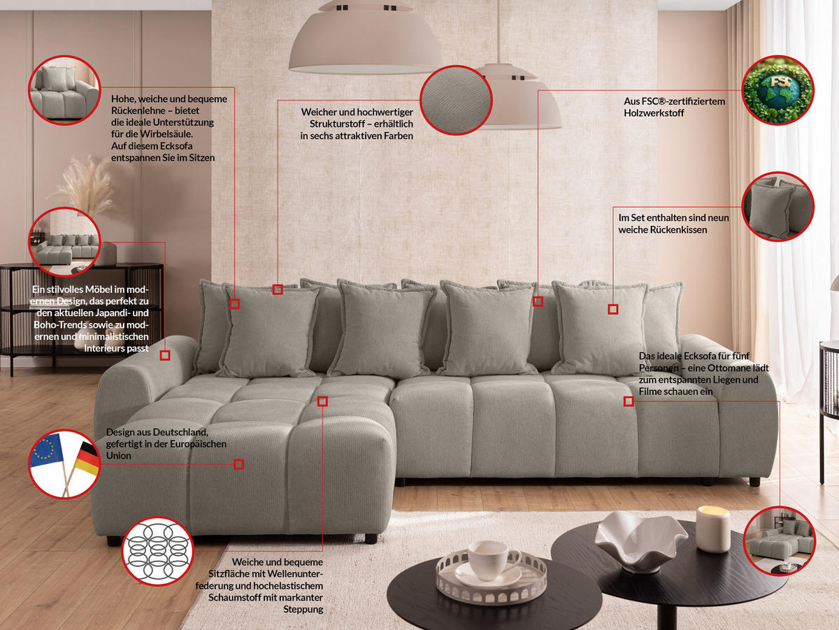 ECKSOFA Bubble mit losen Rückenkissen und Sitzfläche in Bubble-Optik aus weichem Taupe Strukturstoff mit schöner Sitzkomfort - Ottomane links - Taupe/Schwarz, Holz/Kunststoff (180/306cm) - S-Style Möbel