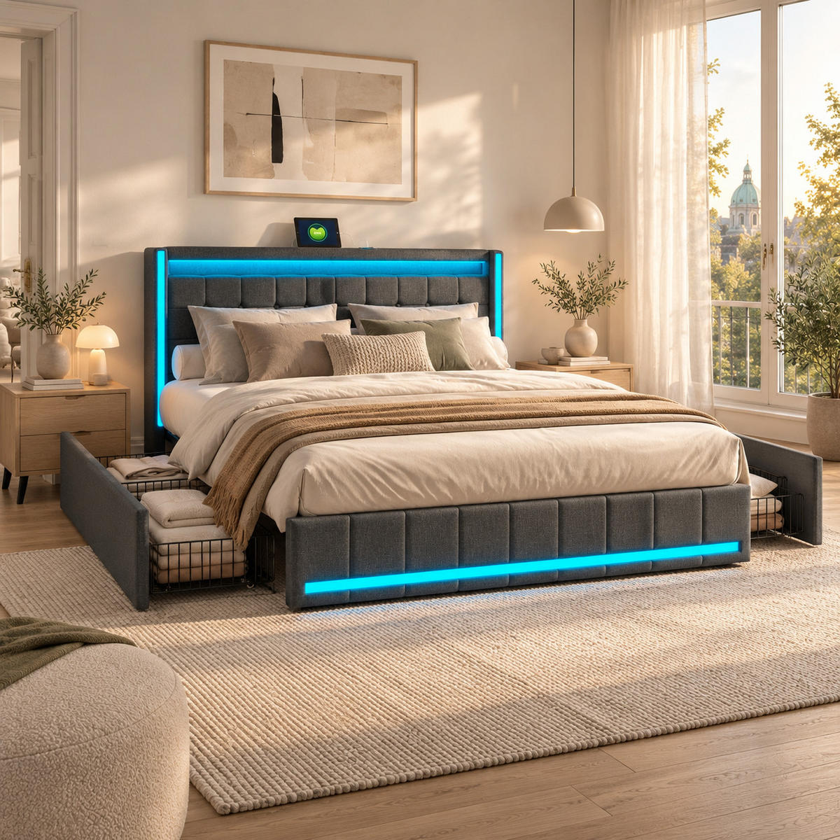 POLSTERBETT 140/200 mit RGB LED, 4 Stauraumschubladen, USB & Type C, App- und Fernbedienung, Bettgestell mit Lattenrost - Dunkelgrau, Holz/Metall (140/200cm) - Joyfair