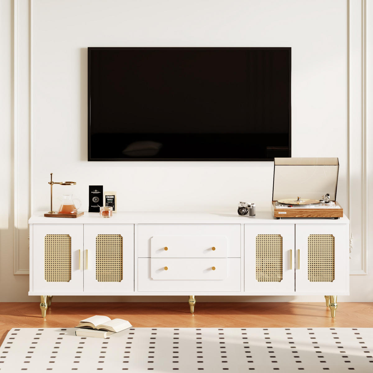 TV-LOWBOARD in Weiß mit Rattantüren und Push-to-Open Schubladen 175/38/55.5 cm - Weiß, Holzwerkstoff (177/55.5/38cm) - Redom