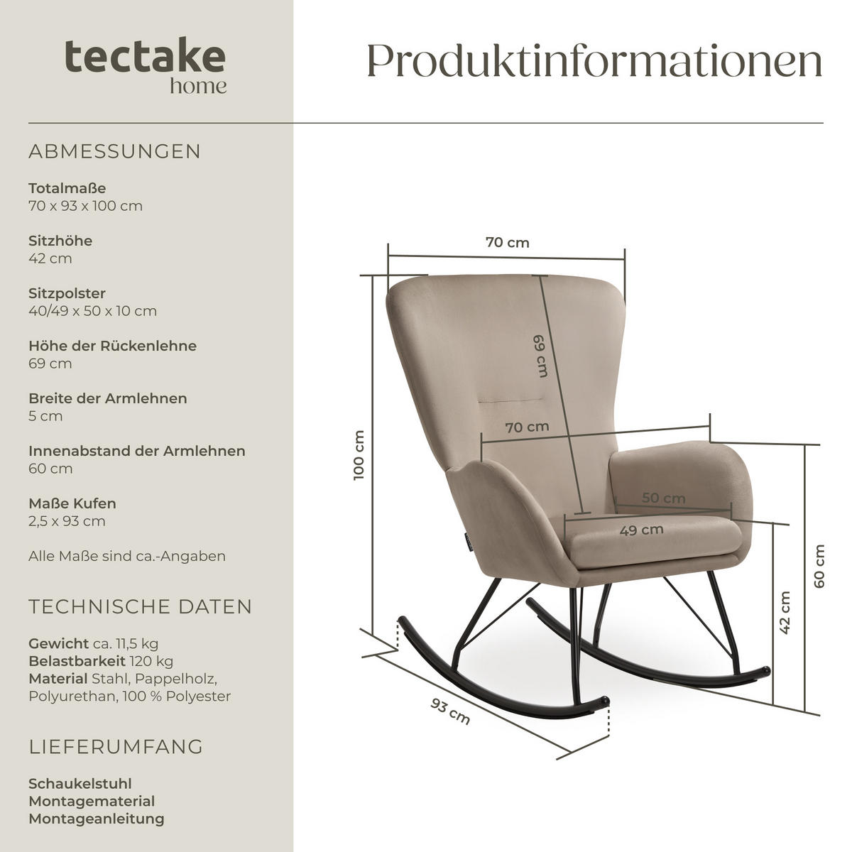 SCHAUKELSTUHL Swing,70 x 93 x 100 cm, Belastbarkeit 120 kg,schwarz/taupe - Taupe/Schwarz, Kunststoff (70/100/93cm) - tectake