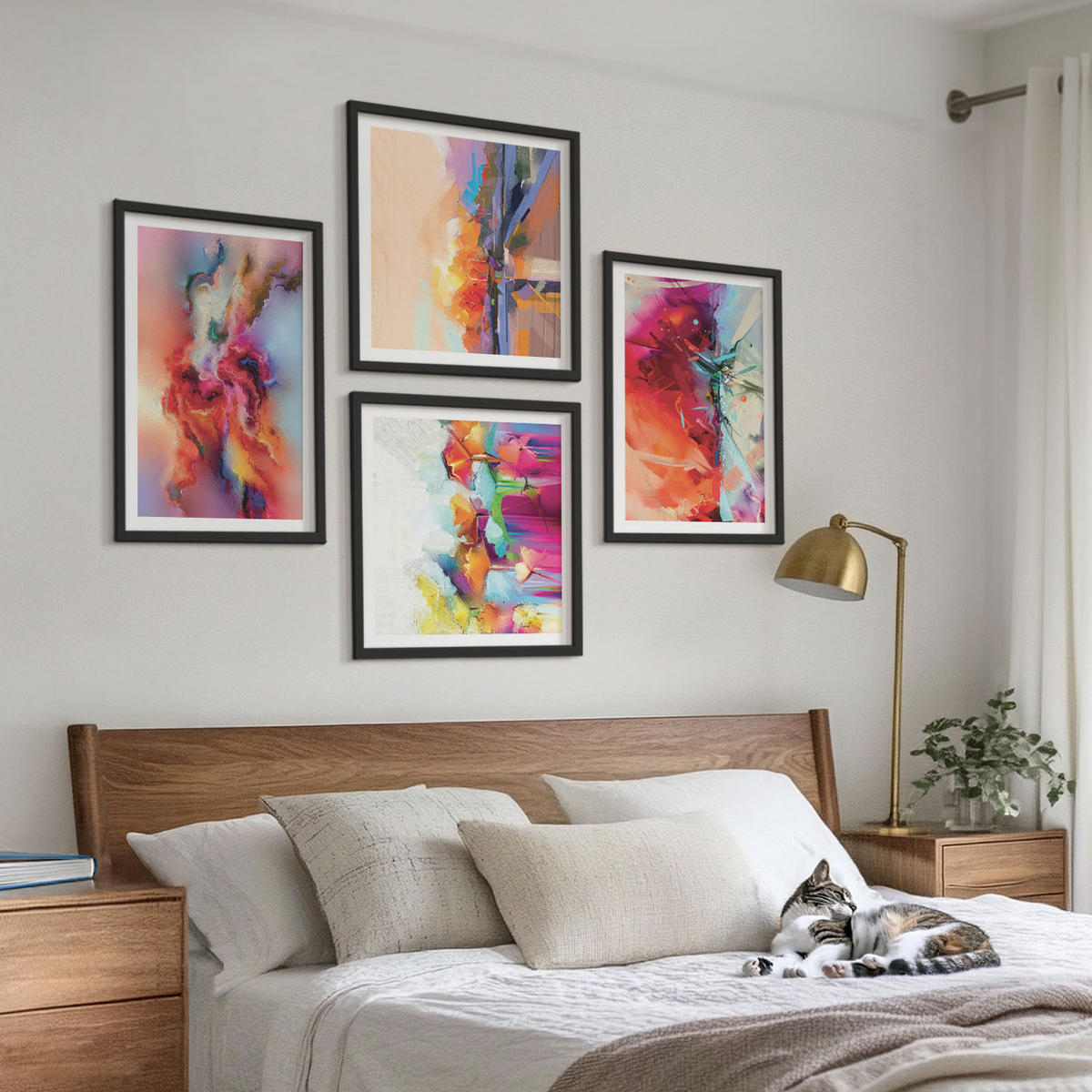 BILDER SET 4er Set - 50x50 cm & 40x60 cm Schwarzer Rahmen - Farbenfrohe Abstraktionen der Form - Schwarz, Kunststoff (50/50cm) - TULUP