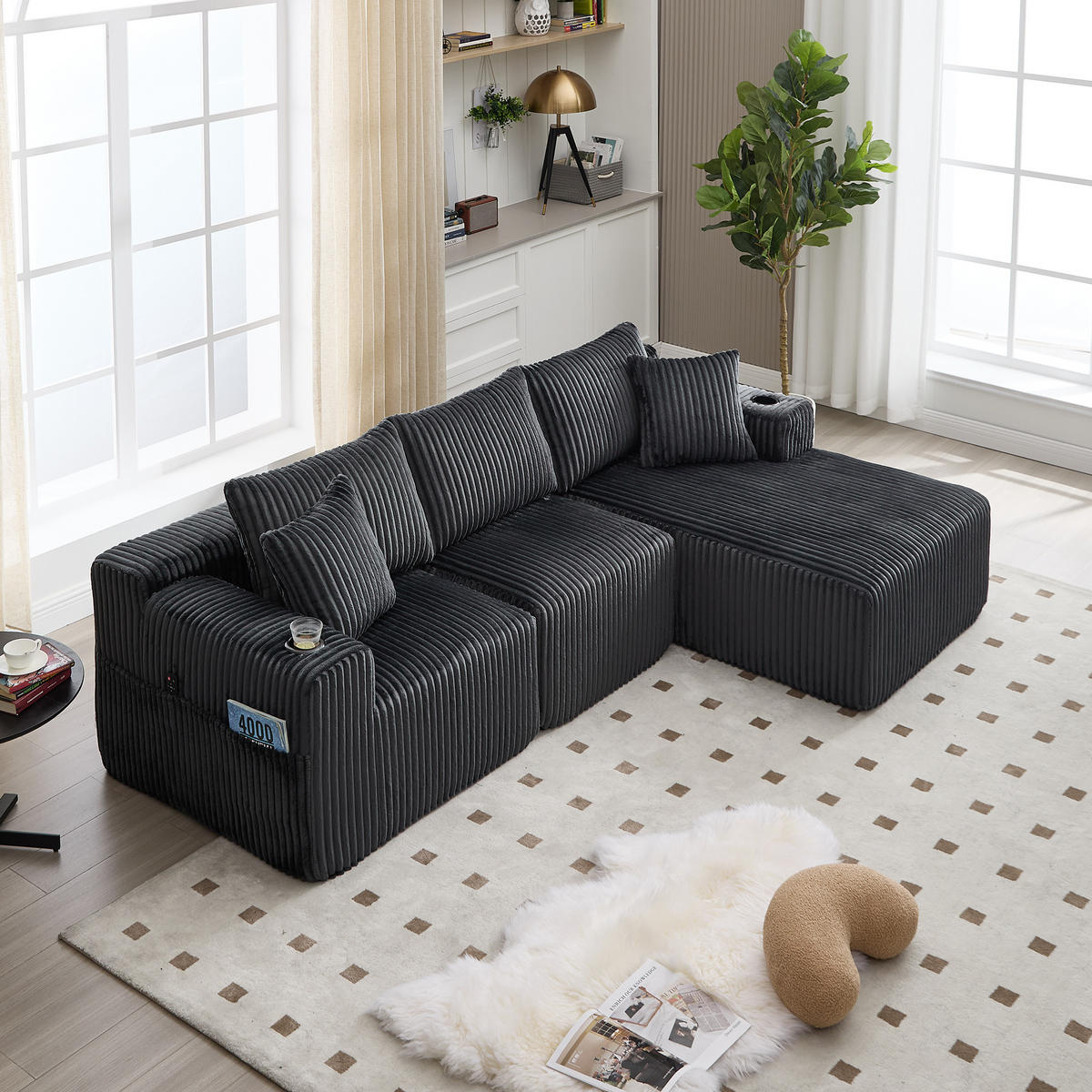 ECKSOFA Inklusive 5 Kissen,seitlicher Stauraum und Getränkehalter, Dunkelgrau - Dunkelgrau, Textil (160/257cm) - KOMHTOM