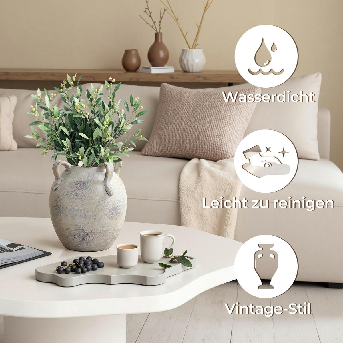 TERRAKOTTA-VASE mit Vierfach-Henkeln 20.8/23cm, Grauweiß - Weiß, Keramik (23cm) - Hometopia