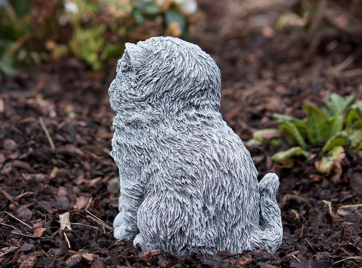 STEINFIGUR Perser Langhaar Katze Kitten mit Spielzeug, Steinguss, Frostfest - Grau, Stein (11/16/11cm) - stoneandstyle