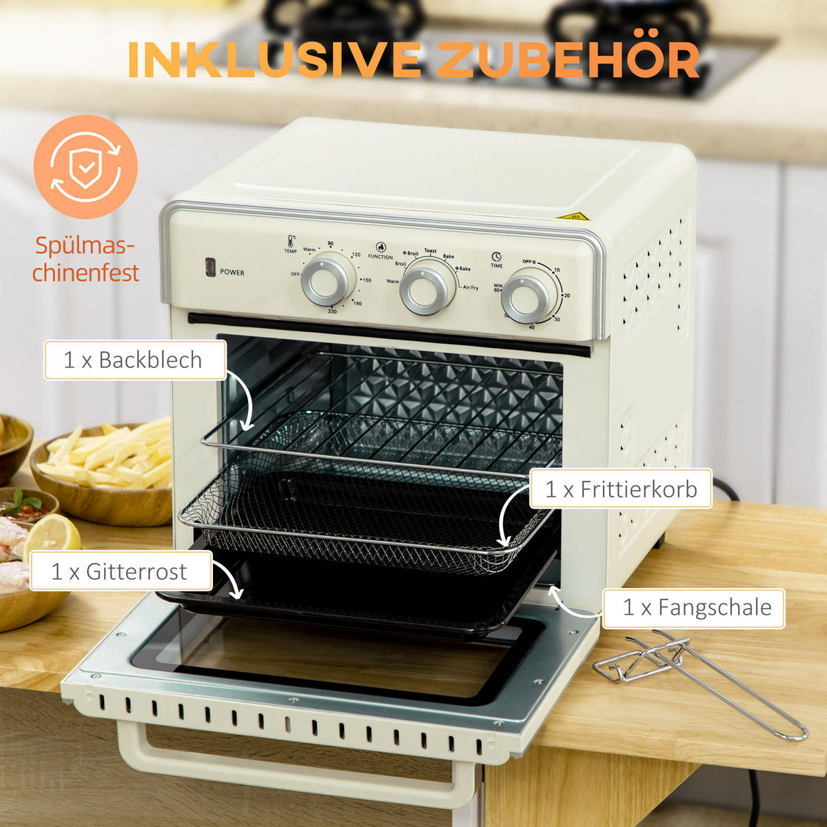 MINIBACKOFEN 20L 1400W mit Umluft, 7-in-1 Pizzaofen mit Backblech, Frittierkorb & Krümelblech, 60 Min. Timer, Cremeweiß - Beige, Metall (36/34.5/37.7cm) - Beaface