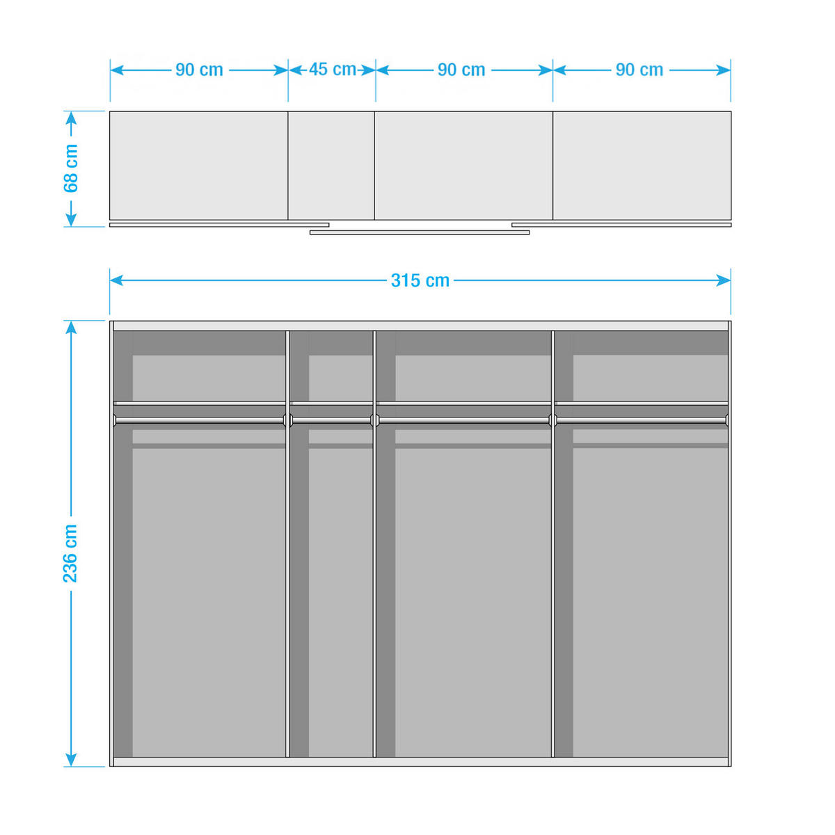 SCHWEBETÜRENSCHRANK - Weiß Hochglanz/Grau, Holzwerkstoff (315/236/68cm) - home24