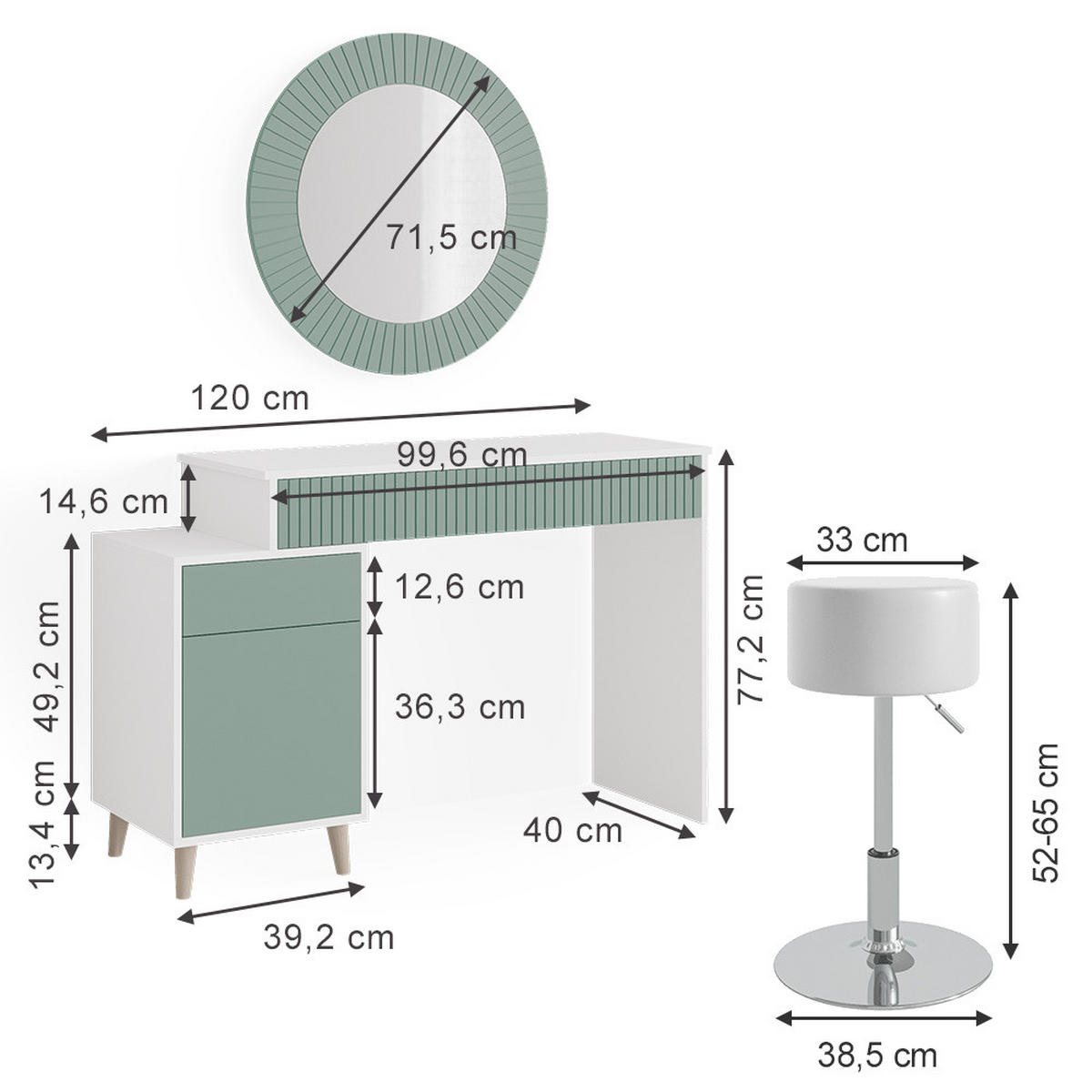 SCHMINKTISCH Arles Grün 120 cm mit Hocker - Weiß/Grün, Holzwerkstoff (120/77.2/40cm) - Vicco