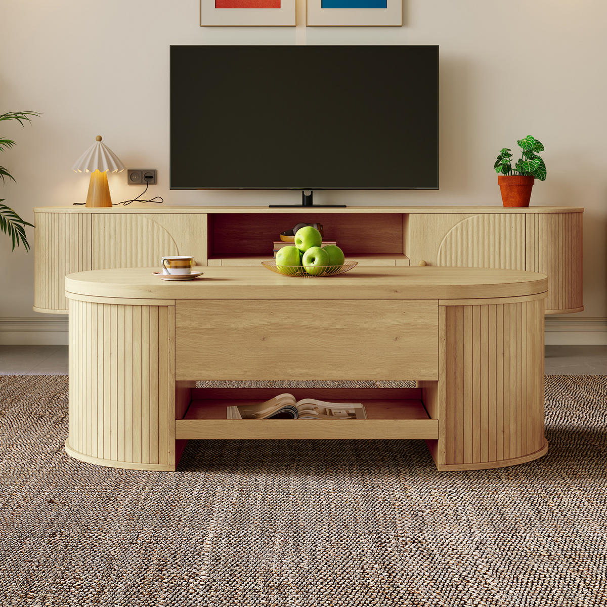 KONFERENČNÍ stolek, 110/55,5/40 cm, MDF přírodní, výškově nastavitelná deska - přírodní, kompozitní dřevo (110/55.5/40cm) - BEAOK