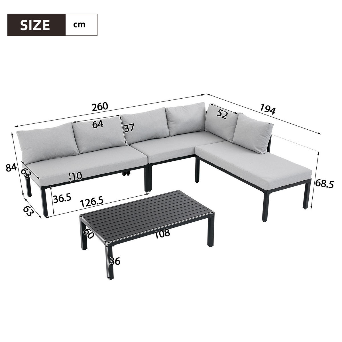 GARTENMÖBEL-SET 6 Sitzer Sofa Tisch Stahl Verstellbar Grau - Grau, Textil (194/84/260cm) - FLIEKS