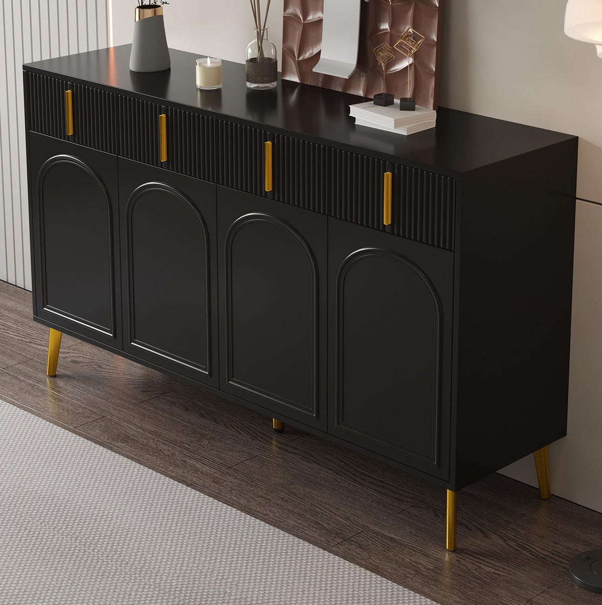 SIDEBOARD 140/38/82 cm Schwarz aus MDF mit 4 Türen und 4 Schubladen - Schwarz, Holzwerkstoff (140/82/38cm) - OKWISH