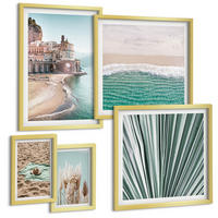 BILDER SET 5er Set - 50x50 cm & 20x30 cm & 40x60 cm Goldrahmen - Strandwellen Grashut - Goldfarben, Kunststoff (40/60cm) - TULUP