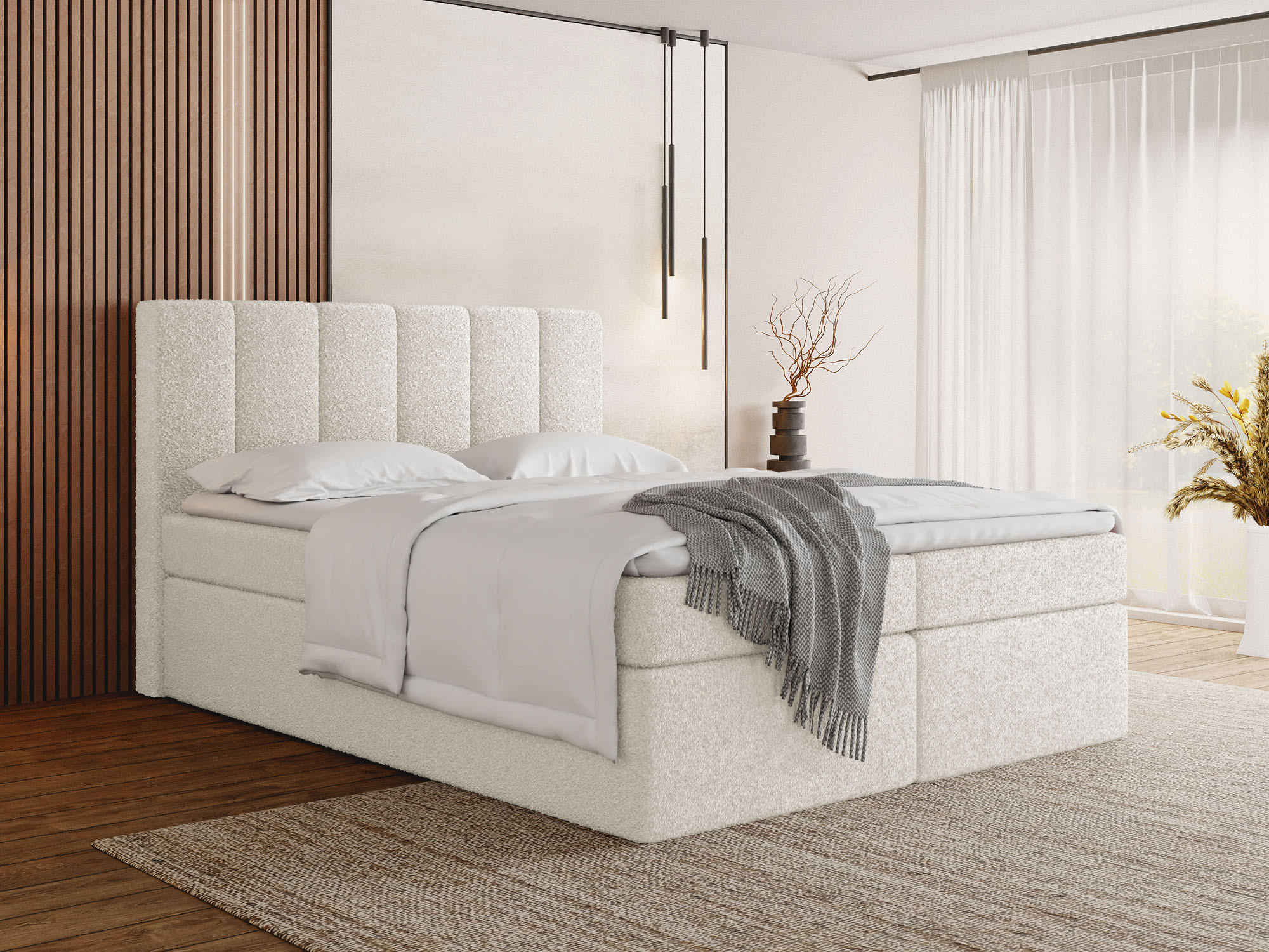 BOXBETT Amira mit Bettkasten, Creme Boucle 160x200 cm - inkl. H4 Matratze und H3 Foam Topper - Schwarz/Weiß, Holzwerkstoff/Kunststoff (160/200cm) - WFL GROUP