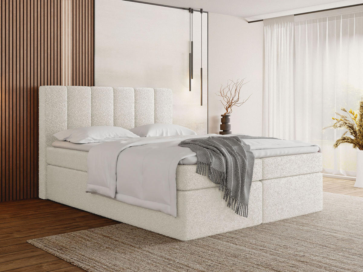BOXBETT Amira mit Bettkasten, Creme Boucle 180x200 cm - inkl. H3 Matratze und H2 Visco Topper - Schwarz/Weiß, Holzwerkstoff/Kunststoff (180/200cm) - WFL GROUP